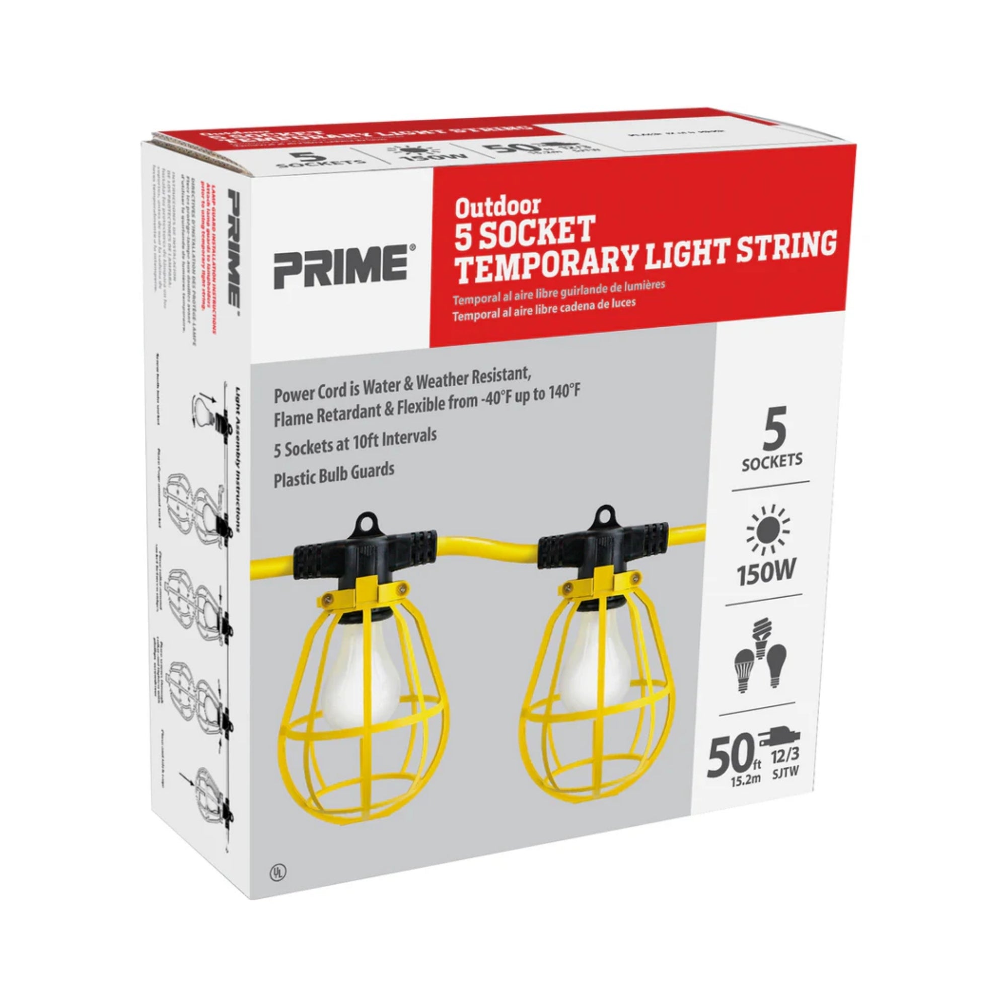 50ft Construction String Light, 125V, 5 Sockets per String, Bulb Not Included - Bees Lighting