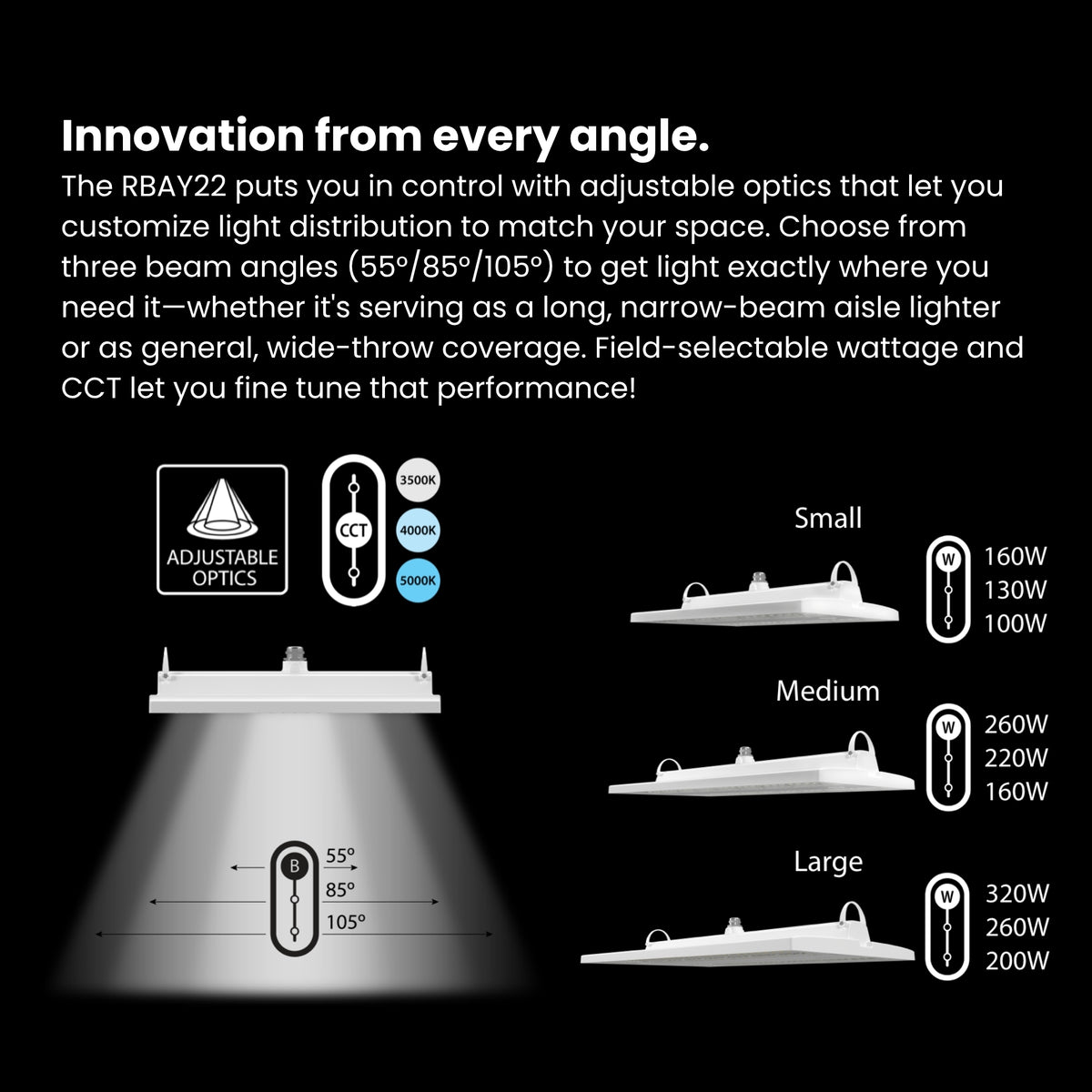 RAB RBAY22L/480 Field-Adjustable Linear LED High Bay — 320W/260W/200W Selectable — 480V — White