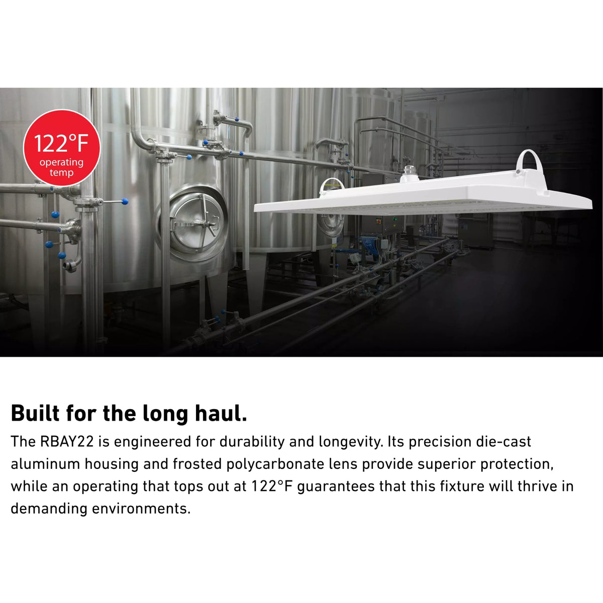RAB RBAY22L white 2-ft linear high bay light with hanging eyelets shown in industrial environment with temperature badge.