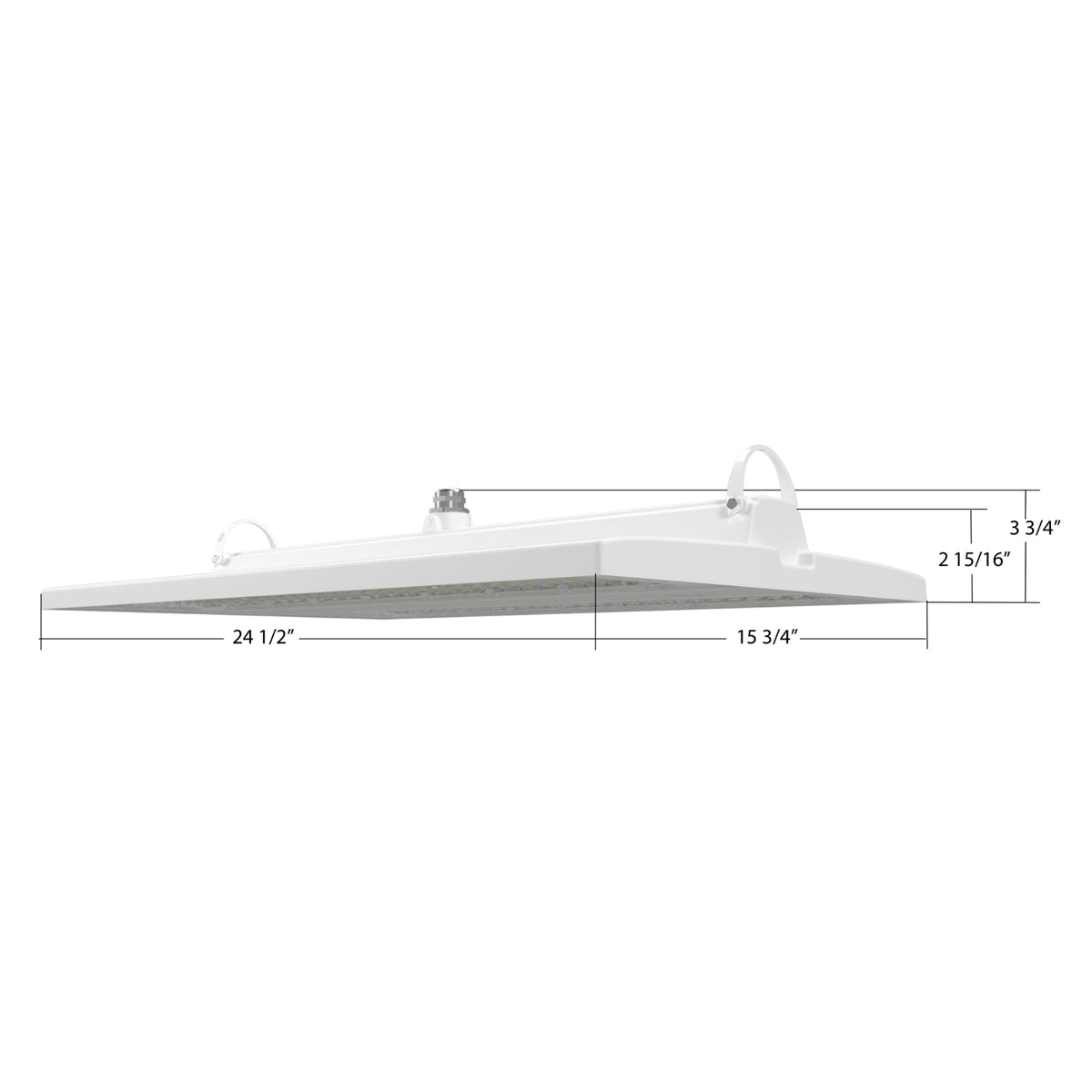RAB RBAY22L Field-Adjustable Linear LED High Bay in white, side view with dimensions diagram showing length and height.