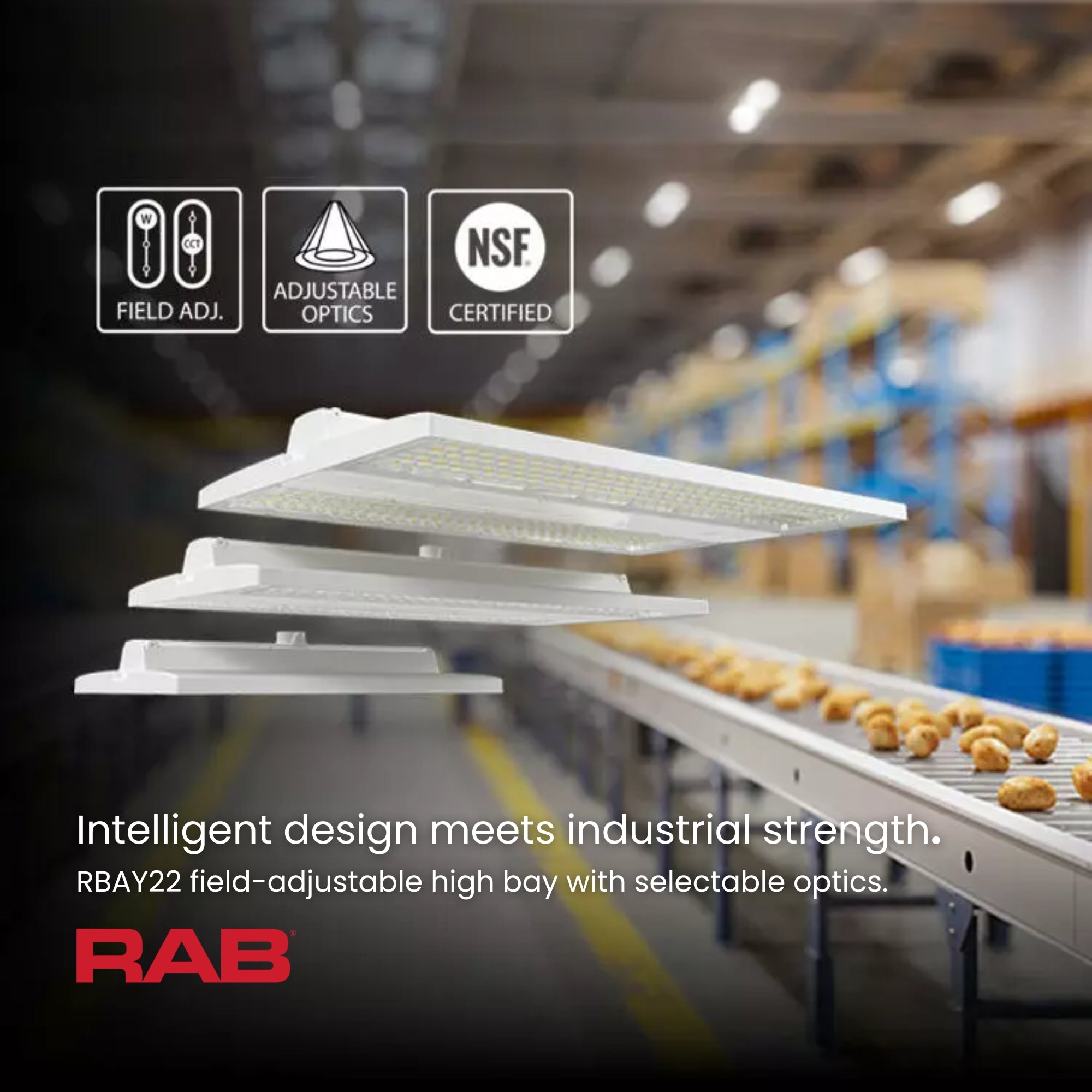 RAB RBAY22M Linear LED High Bay 37,056 Lumens 260W/220W/160W Selectable 3500K/4000K/5000K 120–277V White