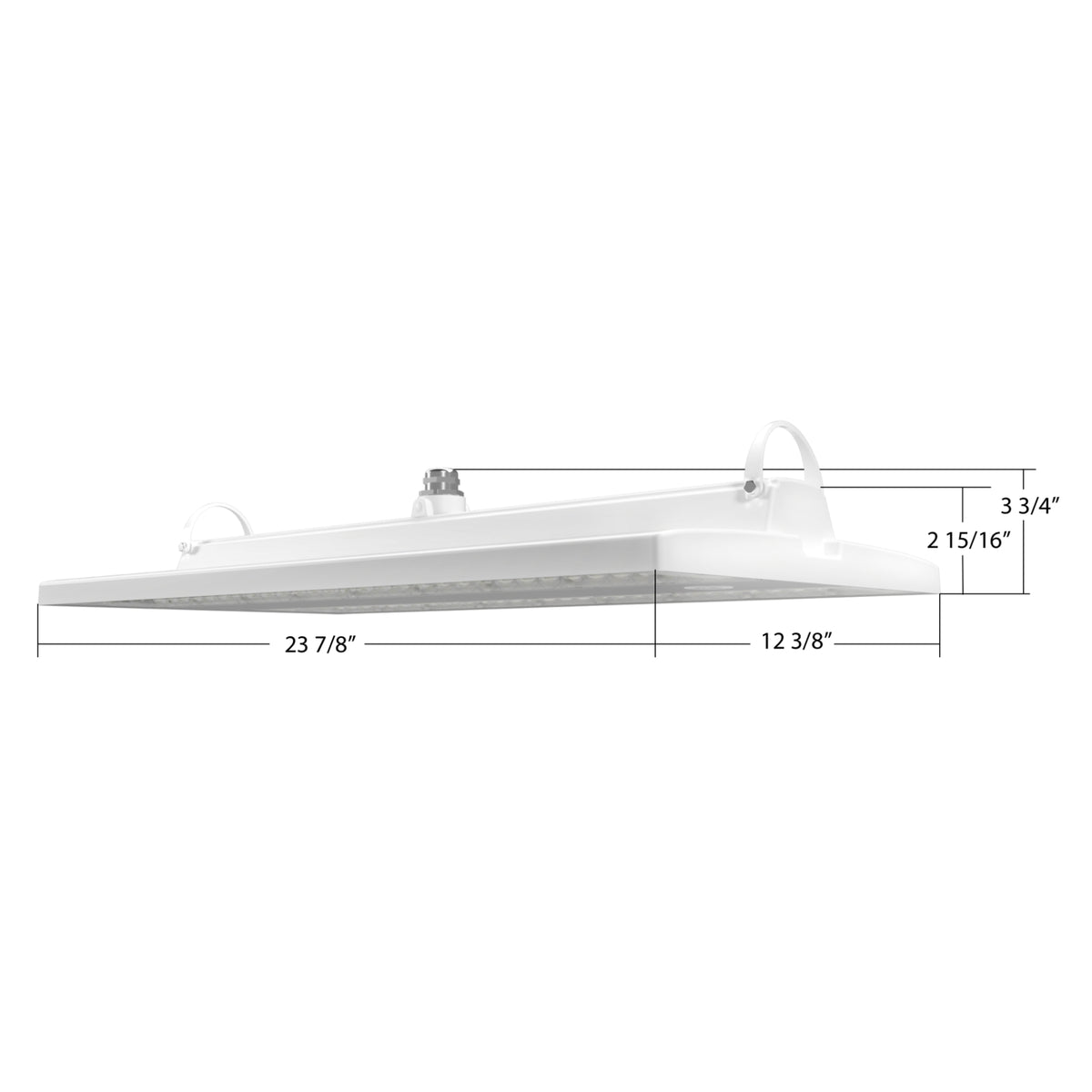 RAB RBAY22M Field-Adjustable Linear LED High Bay in white with dimensions and side profile view showing slim rectangular.