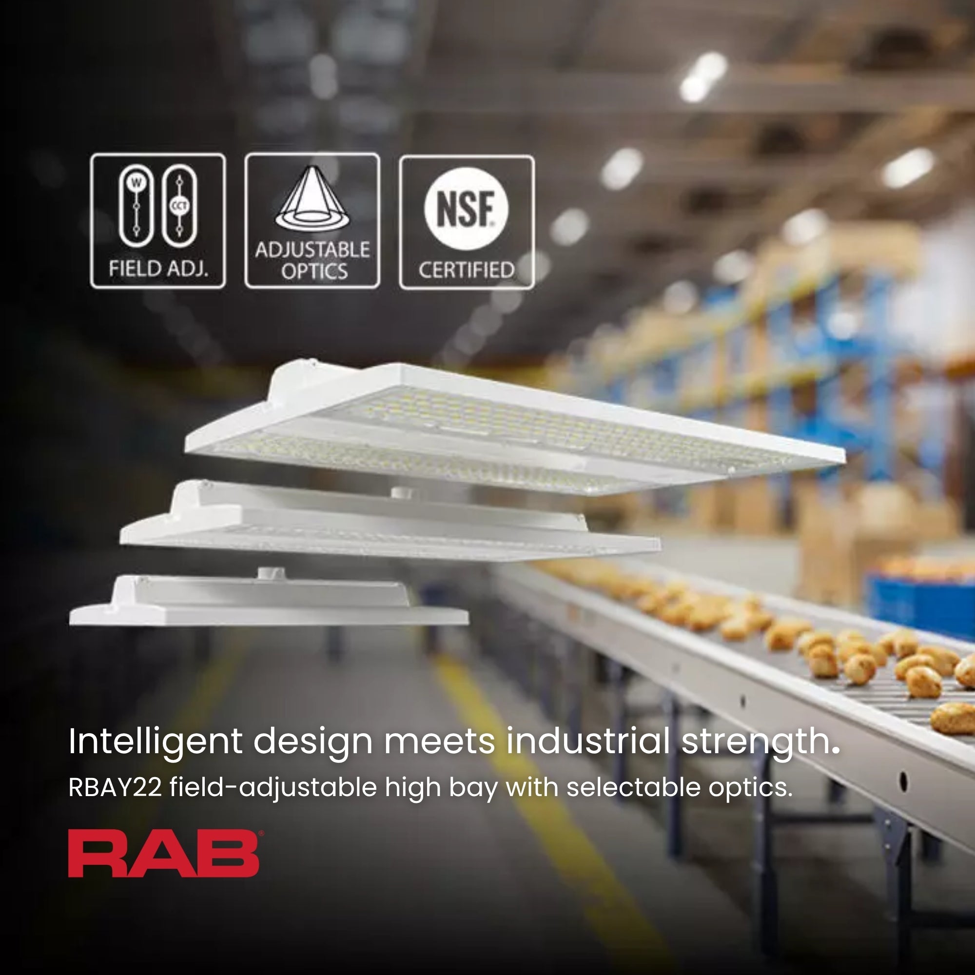 RAB RBAY22S Linear LED High Bay 23,224 Lumens 160W/130W/100W Selectable 3500K/4000K/5000K 120–277V White