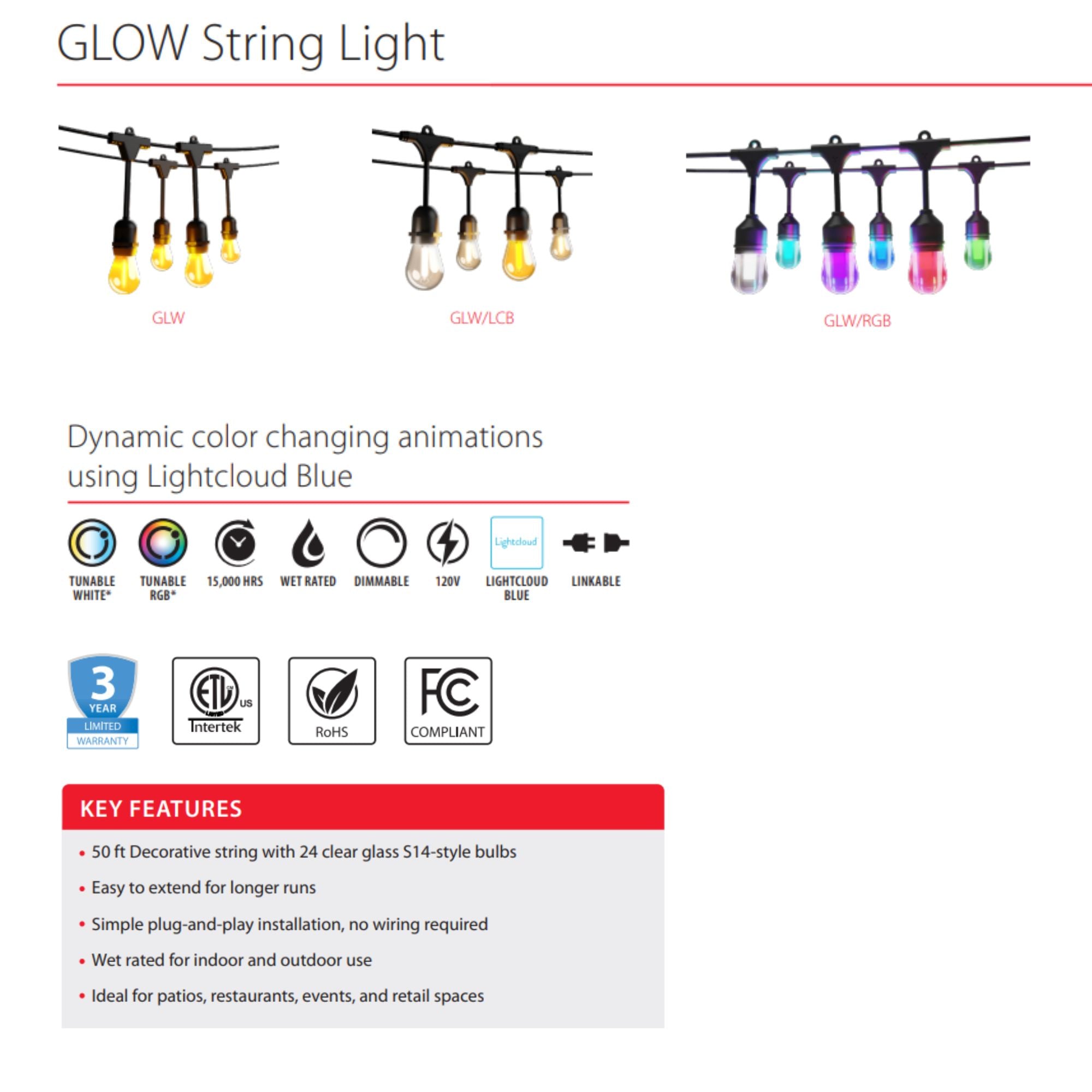 RAB GLow 50 ft String Lights, 24-S14 Bulbs, Tunable White/RGB, 120-277V, Lightcloud Blue