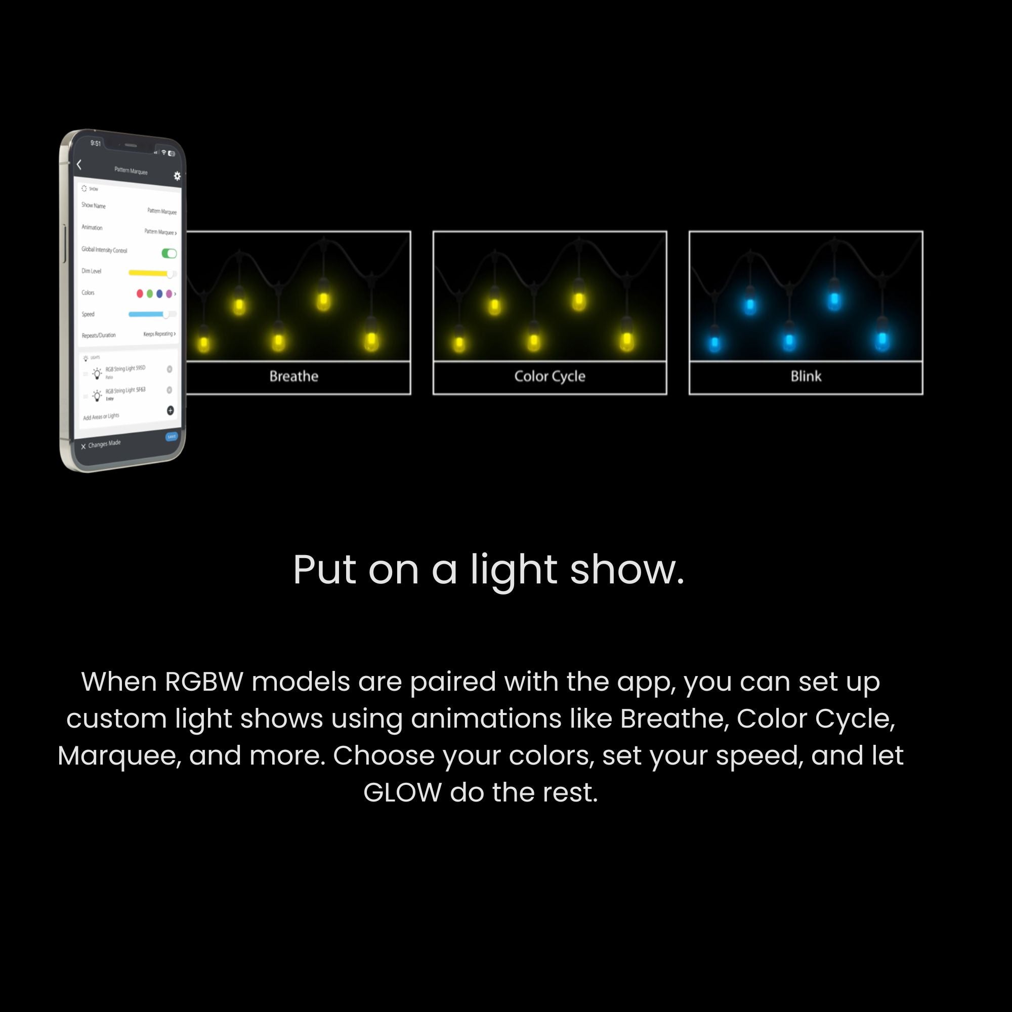 RAB GLow 50 ft String Lights, 24-S14 Bulbs, Tunable White/RGB, 120-277V, Lightcloud Blue