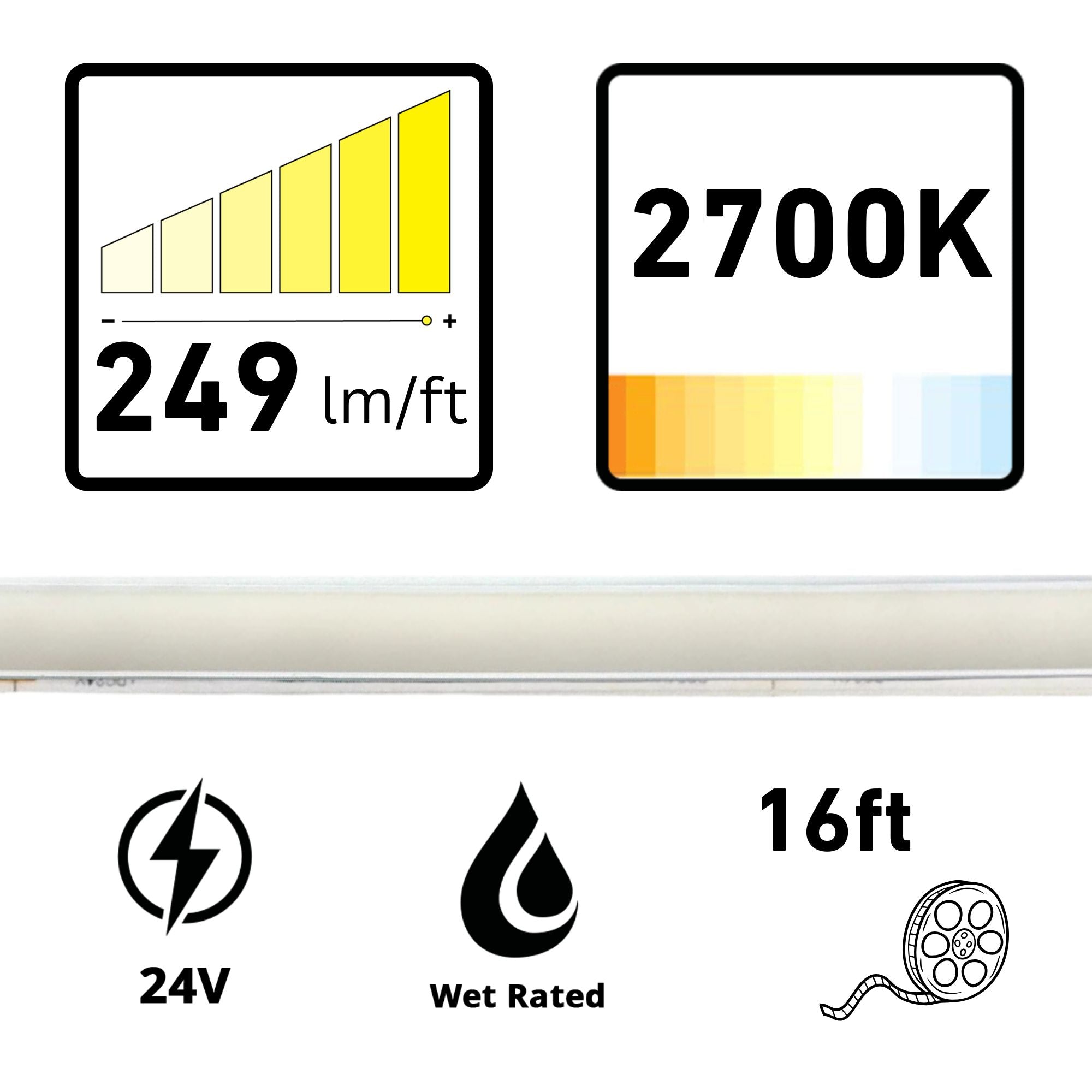 RAB PURELINE 16 ft COB LED Tape Light, IP67, 3500K, 263 Lumens per Foot, 24V