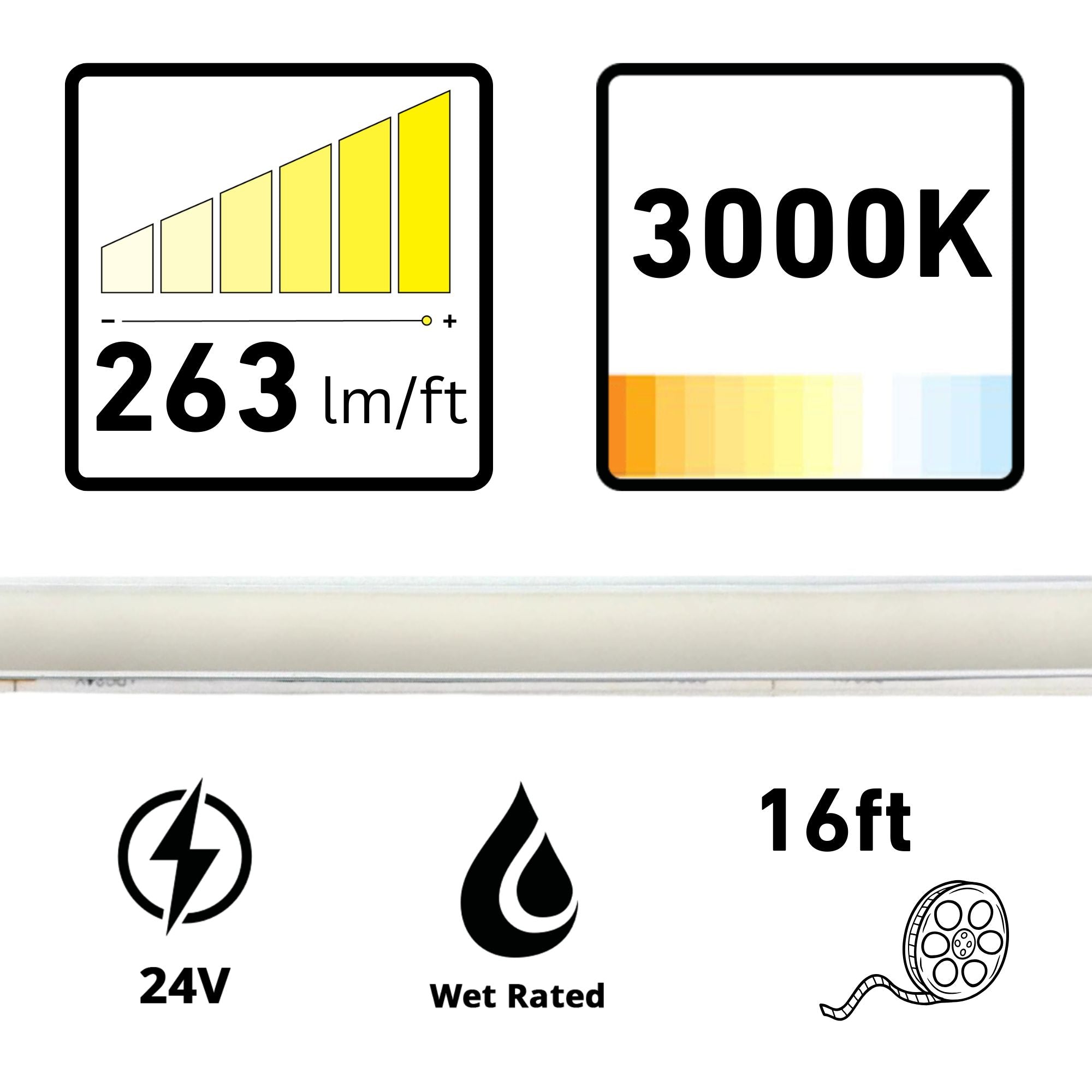 RAB PURELINE 16 ft COB LED Tape Light, IP67, 3000K, 263 Lumens per Foot, 24V