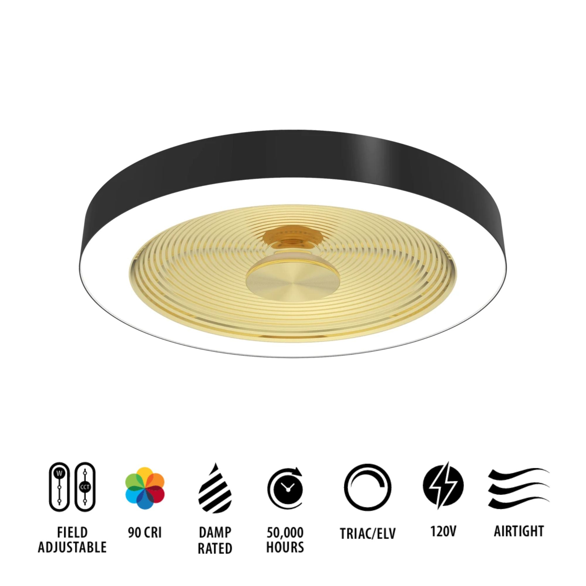 RAB Aura 16" Flush Mount Light, Selectable CCT, Black Housing Gold Reftector