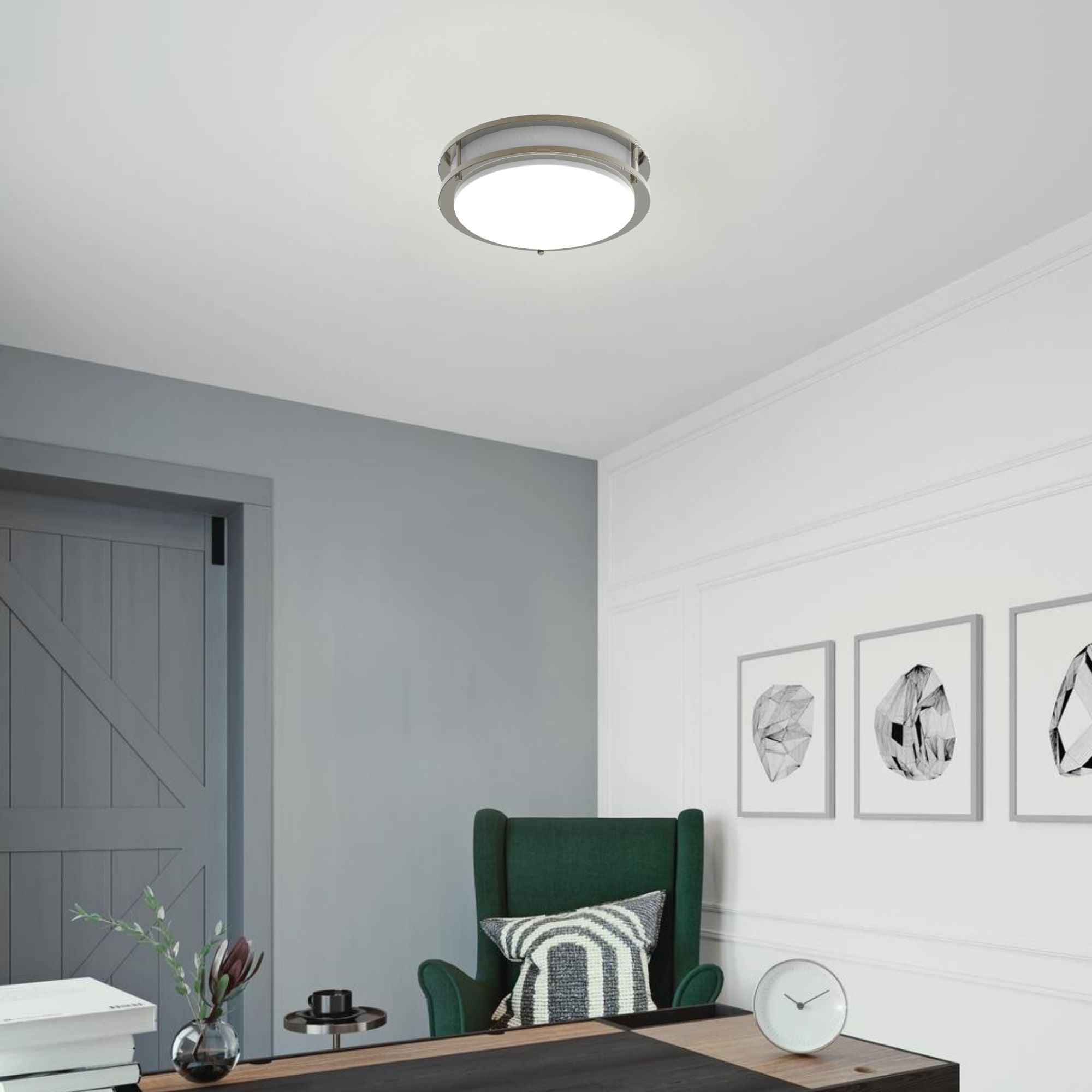 CRVFA 12" LED Flush Mount, 5CCT, Brushed Nickel, 120-277V, Battery Backup