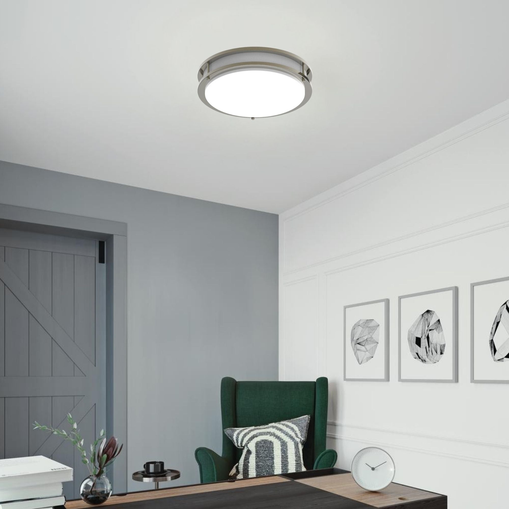 CRVFA 14" LED Flush Mount, 5CCT, Brushed Nickel, 120-277V, Battery Backup