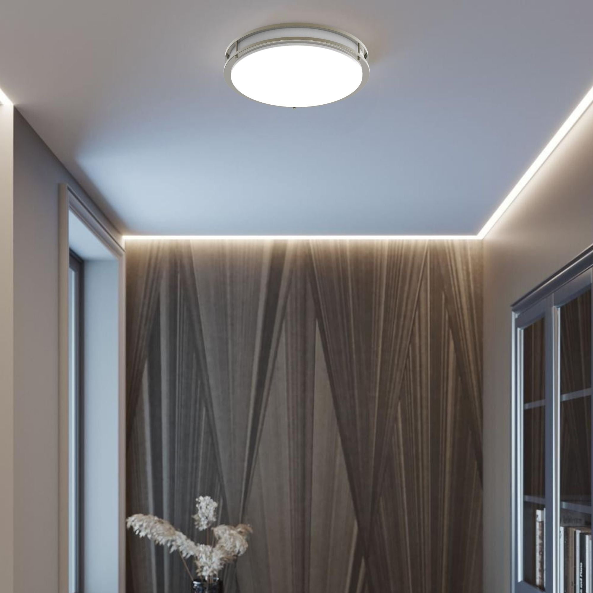 CRVFA 18" LED Flush Mount, 5CCT, Brushed Nickel, 120-277V, Battery Backup