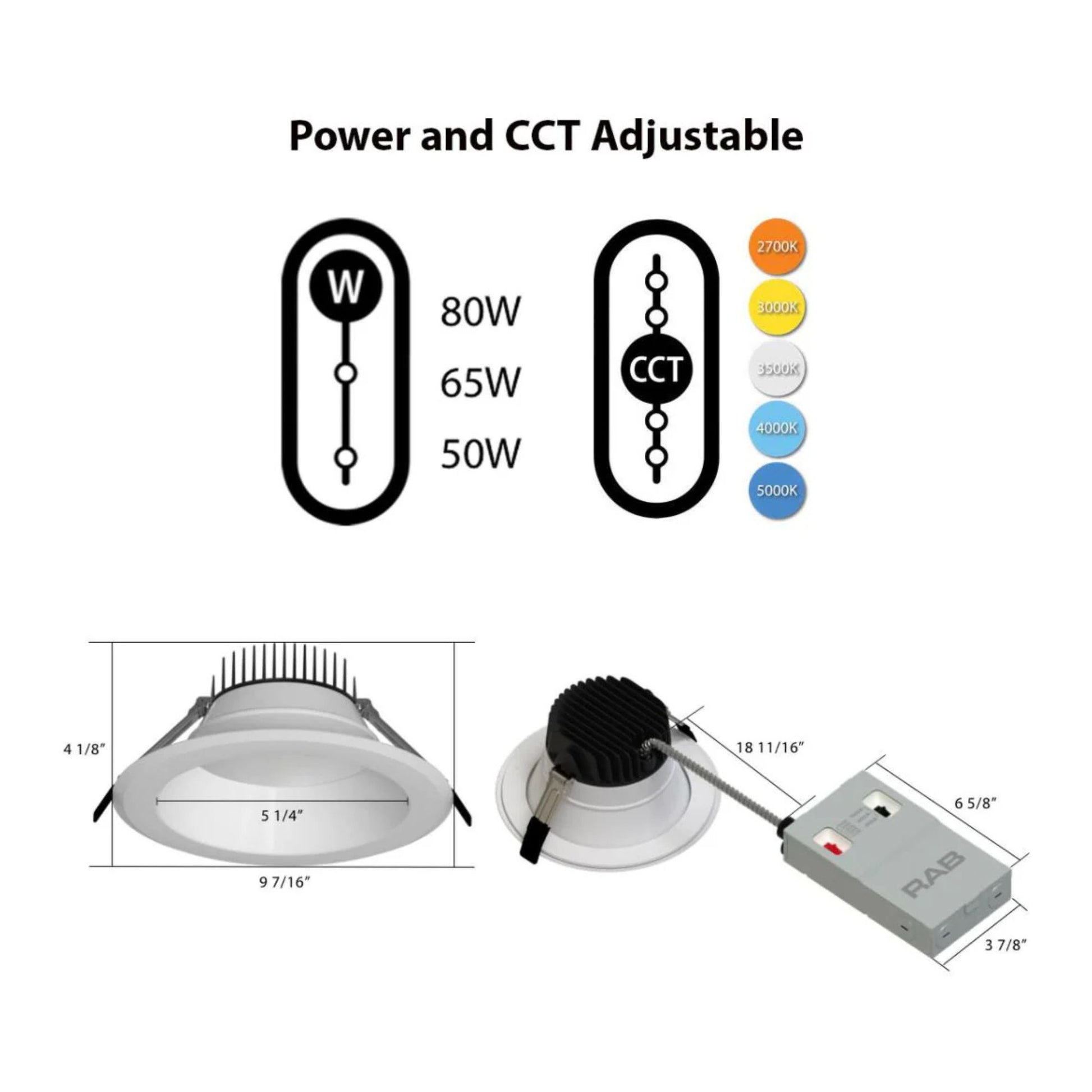 8" High-Output Commercial Downlight, 8000 Lm, 5-CCT, 120-277V, 0-10V - Bees Lighting