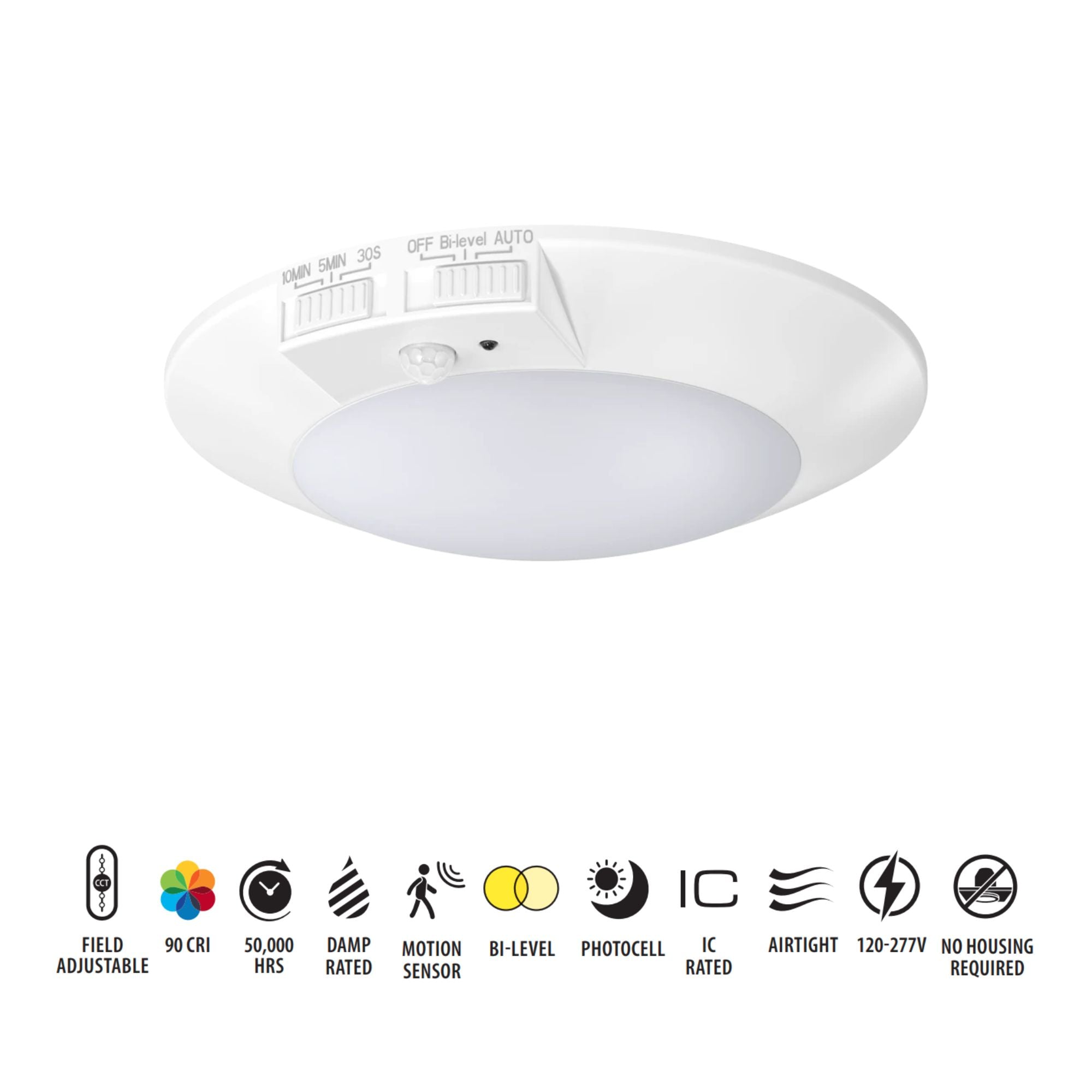 RAB DISK-4/PIR 4" LED Surface Mount, 8W, 700lm, Selectable CCT, 120V, White, Motion Sensor