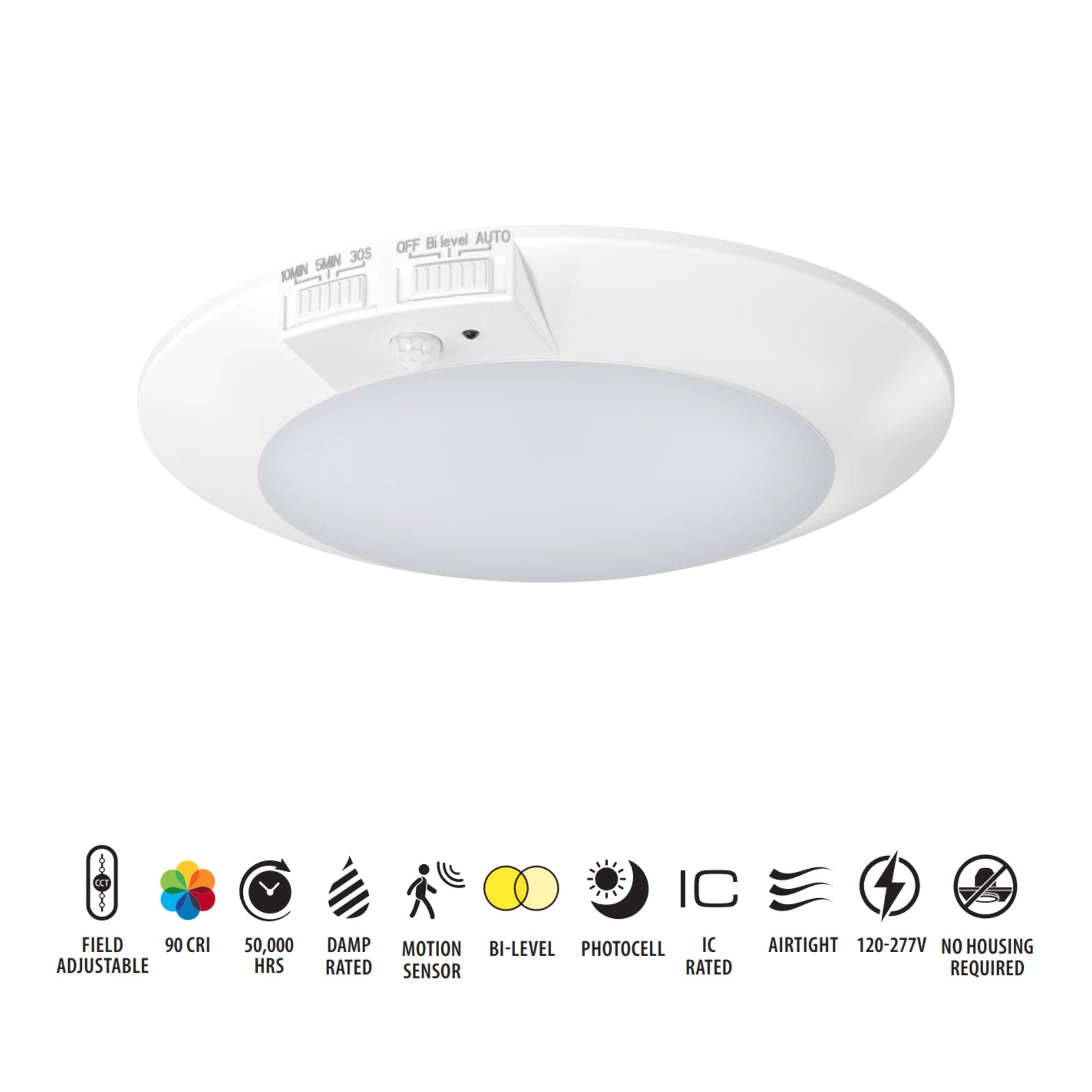 RAB DISK-6/PIR 6" LED Surface Mount, 12W, 1050lm, Selectable CCT, 120V, White, Motion Sensor
