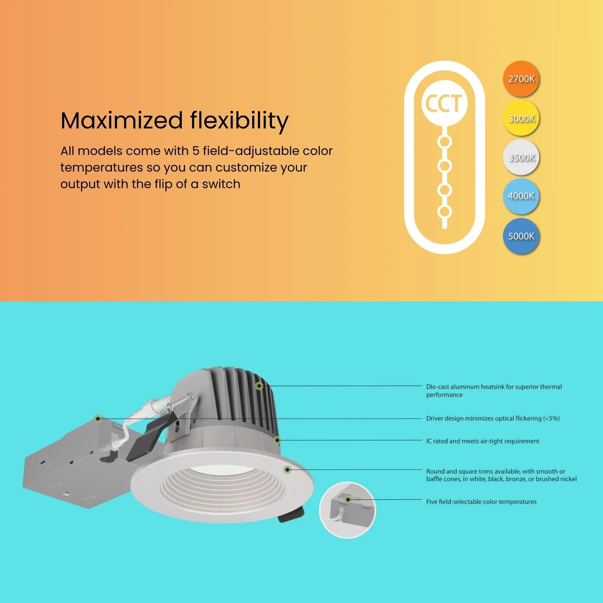 6" HALED Canless Recessed Downlight, 1800 Lumens, Selectable CCT