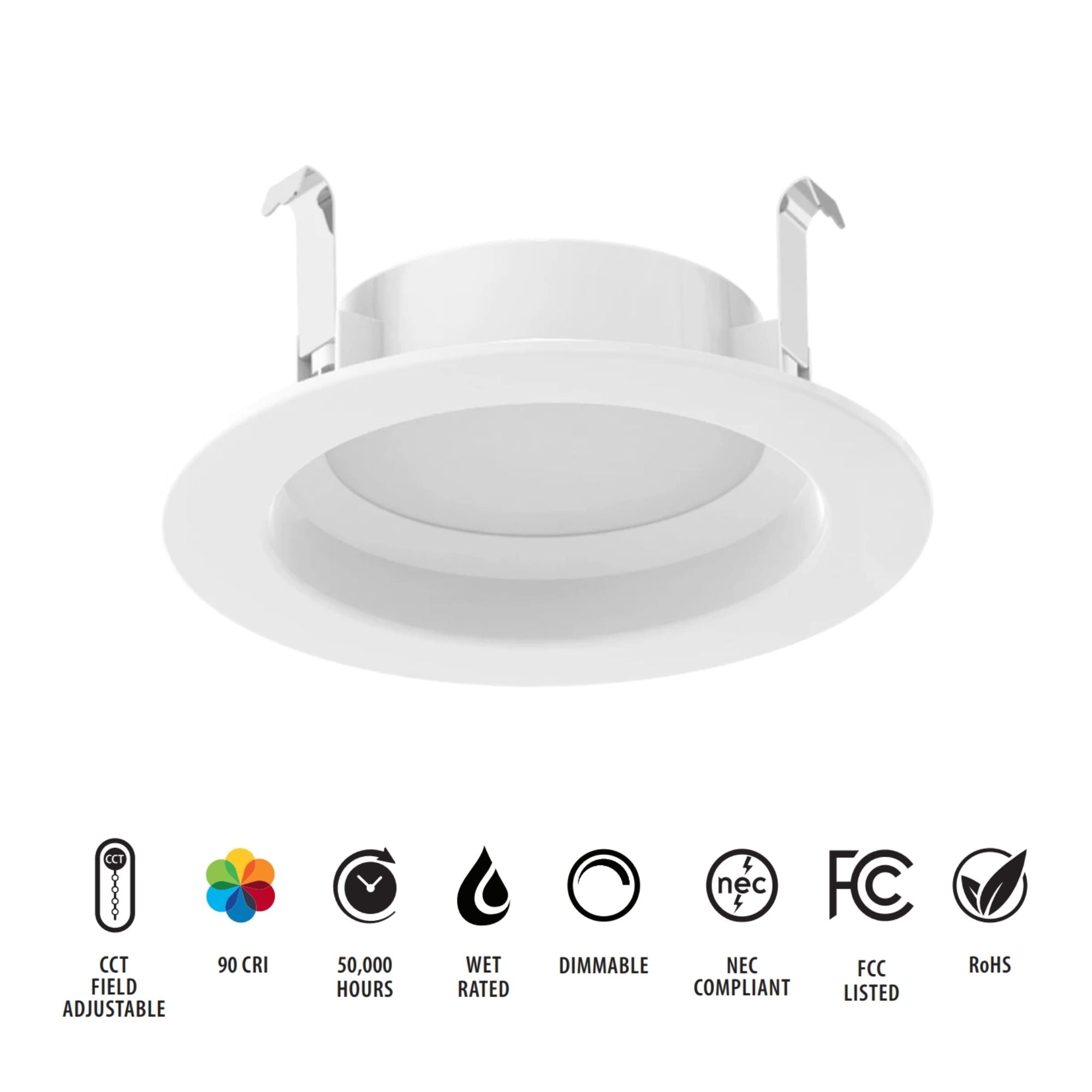 4" R34 Retrofit LED Can Light, 700 Lm, CCT-Adjustable, Round Smooth Trim