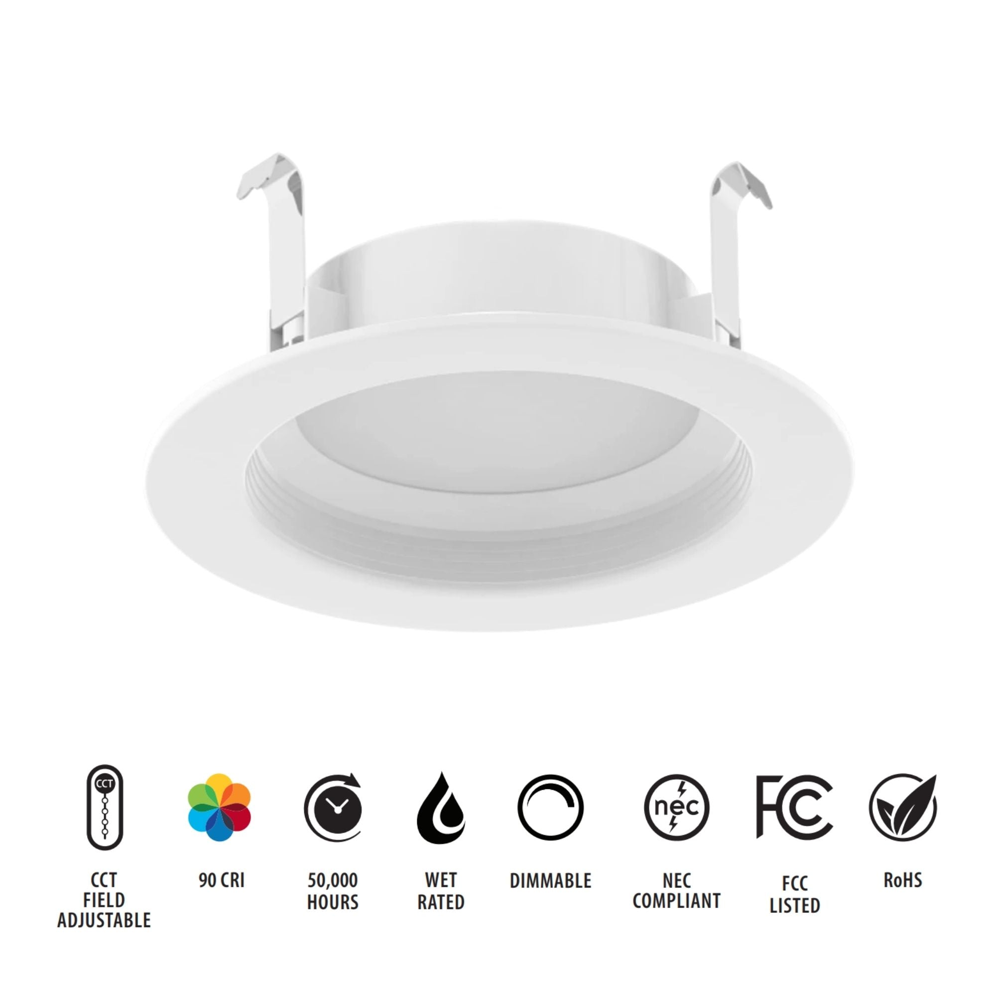 4" R34 Retrofit LED Can Light, 700 Lm, CCT-Adjustable, Round Baffle Trim