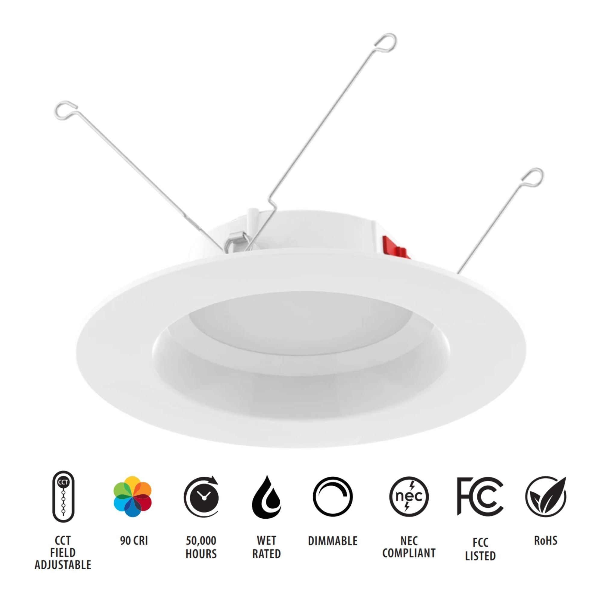 6" R34 Retrofit LED Can Light, 900 Lm, CCT-Adjustable, Round Smooth Trim
