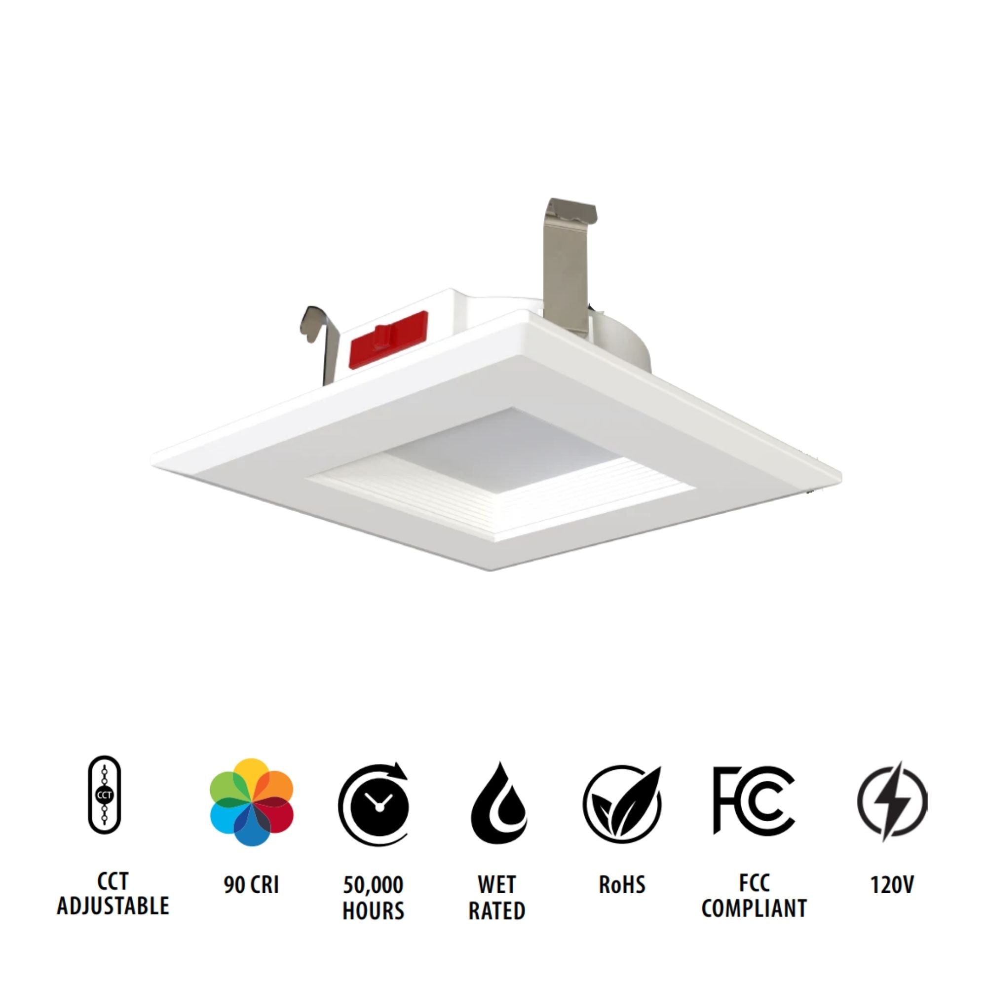 4" R34 Retrofit LED Can Light, 600 Lm, CCT-Adjustable, Square Baffle Trim