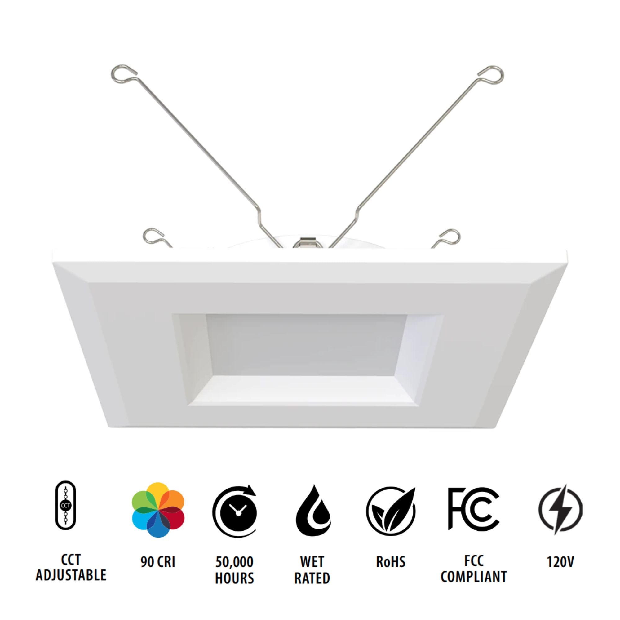 6" R34 Retrofit LED Can Light, 900 Lm, CCT-Adjustable, Square Smooth Trim