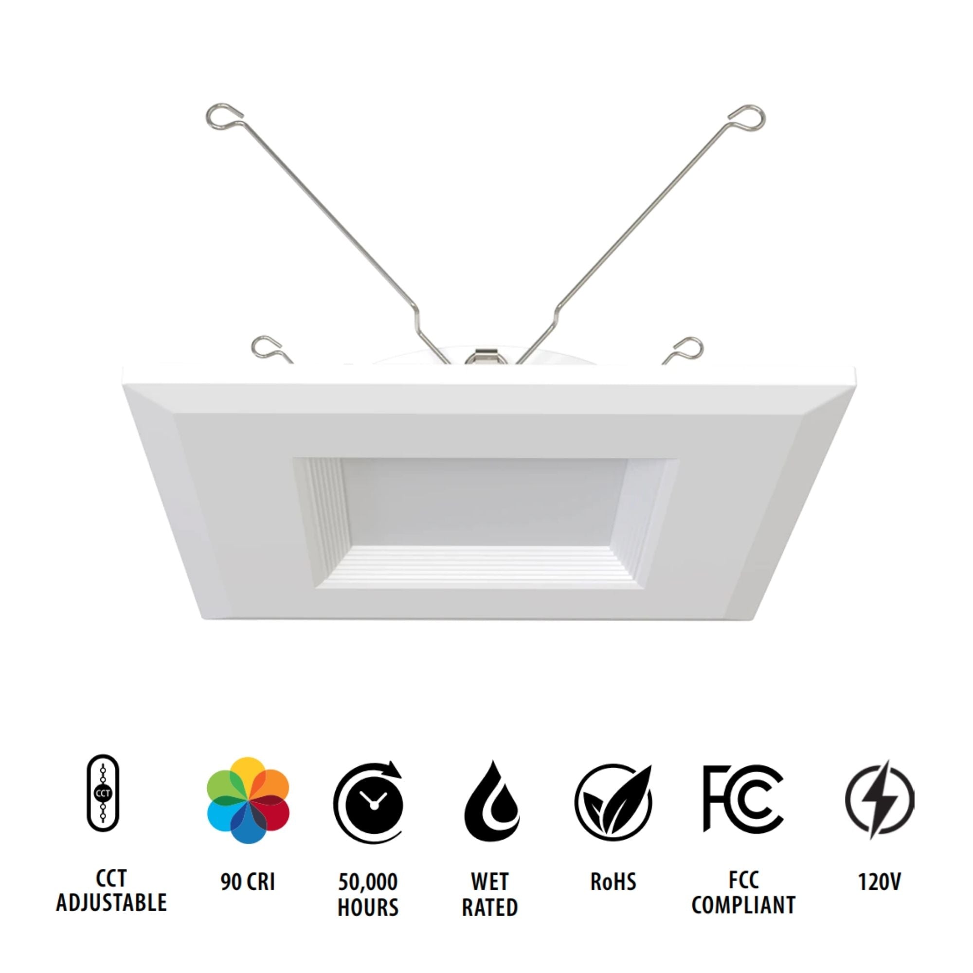 6" R34 Retrofit LED Can Light, 900 Lm, CCT-Adjustable, Square Baffle Trim