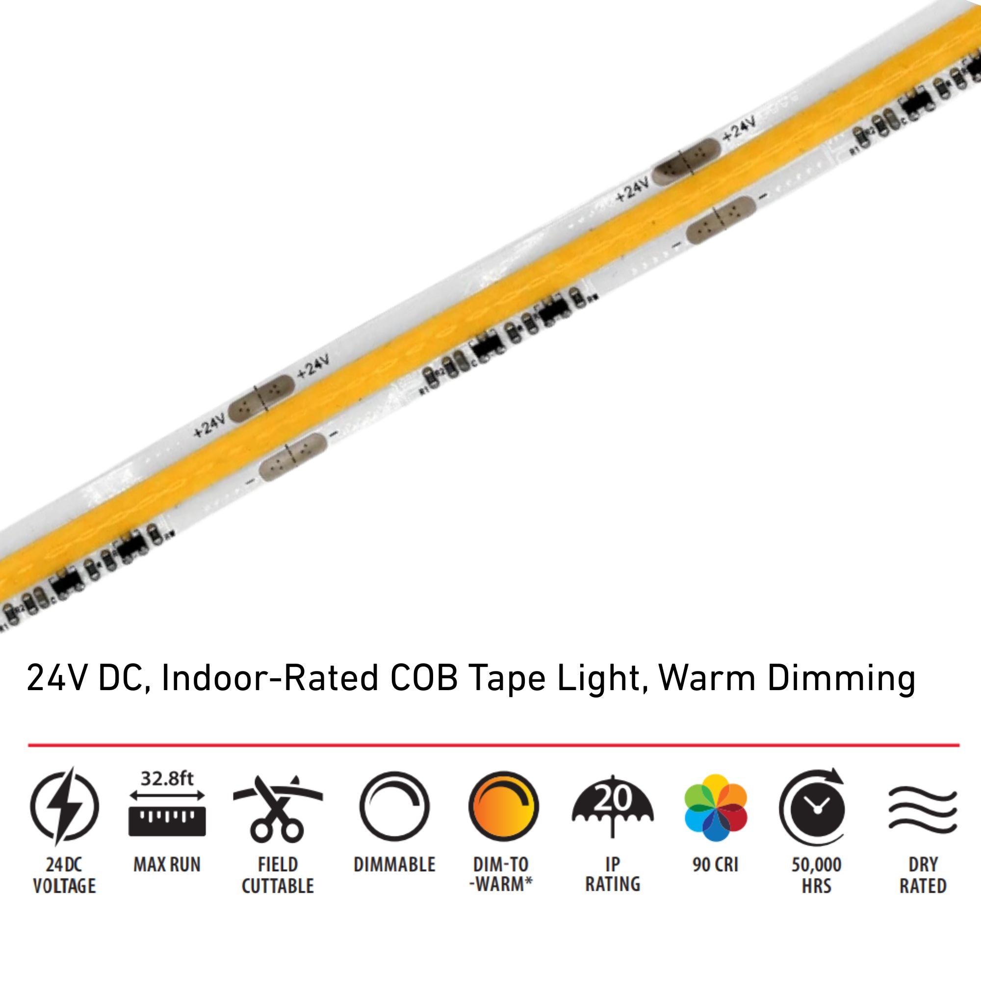 ARCTAPE No-Pixel COB LED Tape Light, 32Ft Reel, Dim-to-Warm, 188 Lm/Ft, 24V - Bees Lighting