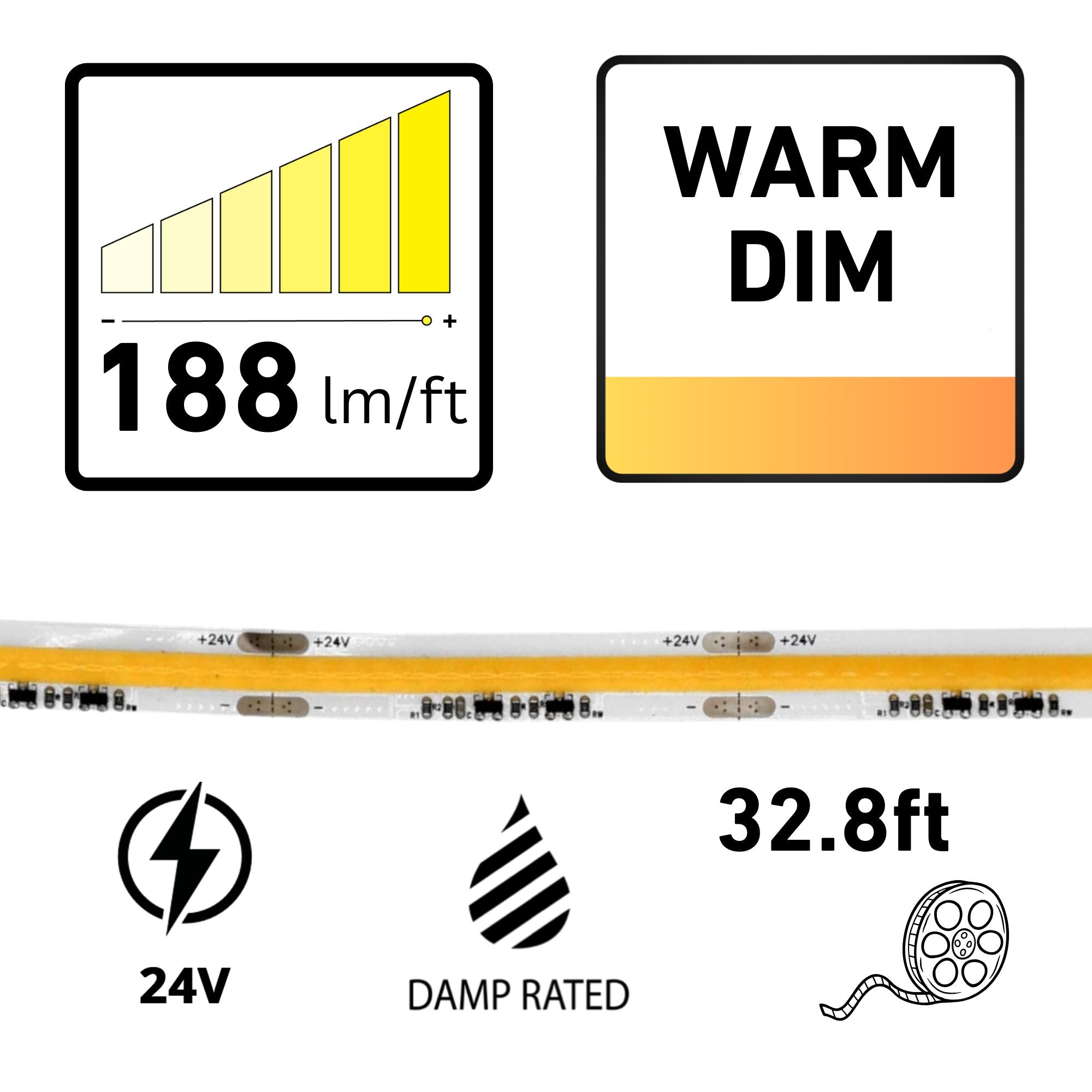 RAB ARCTAPE 32.8 ft, COB Tape Light, IP20, Warm Dim, 188 Lumens per Foot, 24V