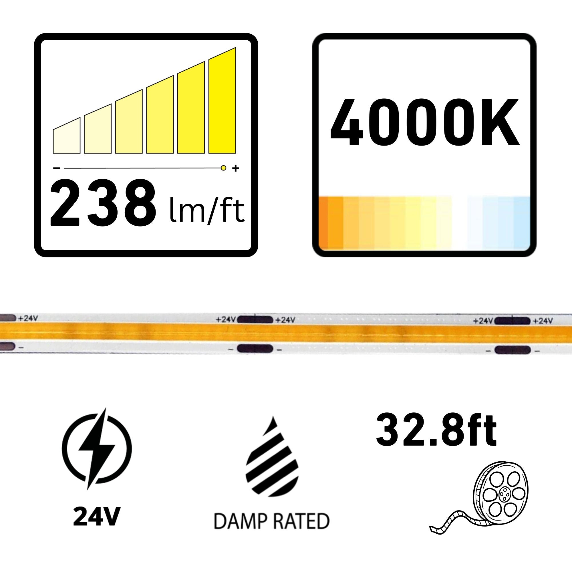 RAB ARCTAPE 32.8 ft LED Tape Light, 4000K, 238 Lumens per Foot, 24V