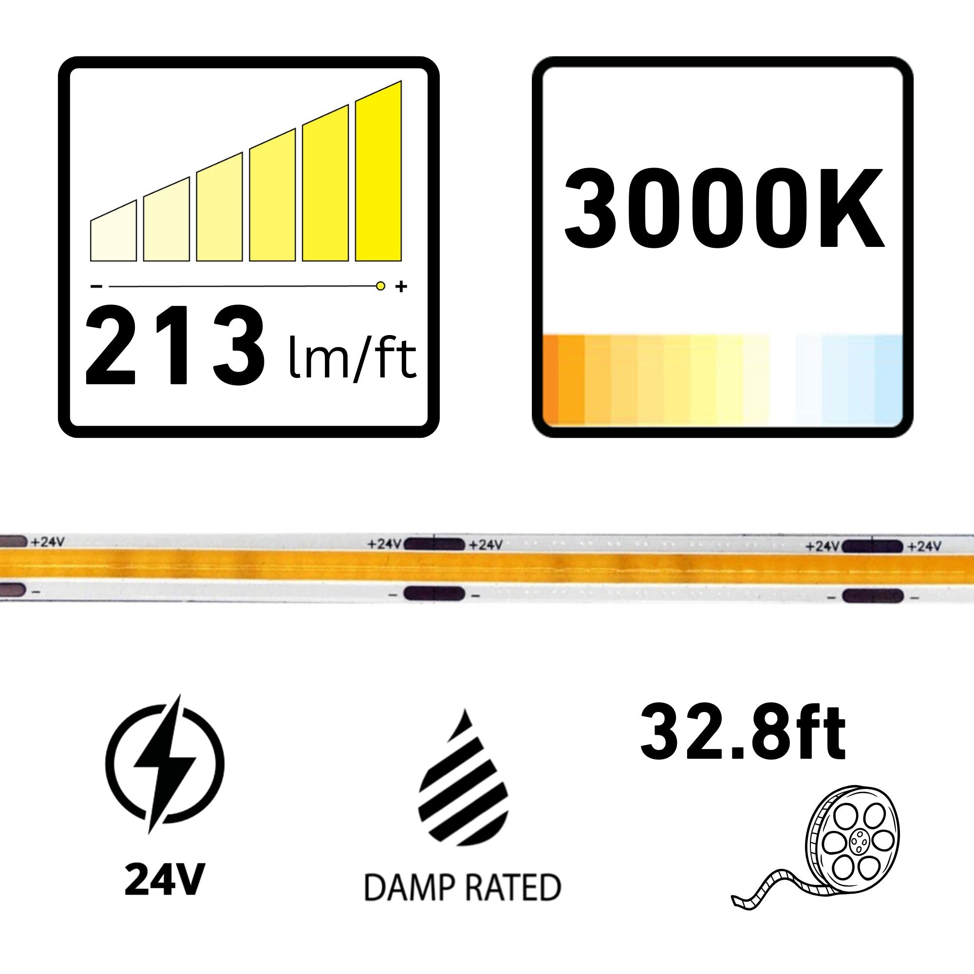 RAB ARCTAPE 32.8 ft LED Tape Light, 3000K, 213 Lumens per Foot, 24V