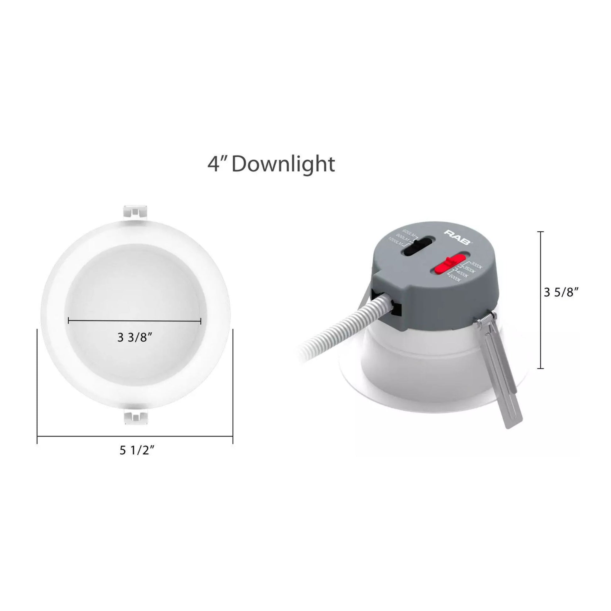 RAB Lighting - 4" Wattage and CCT Adjustable Commercial Downlight, 1000 Lm, 120-277V | Bees Lighting