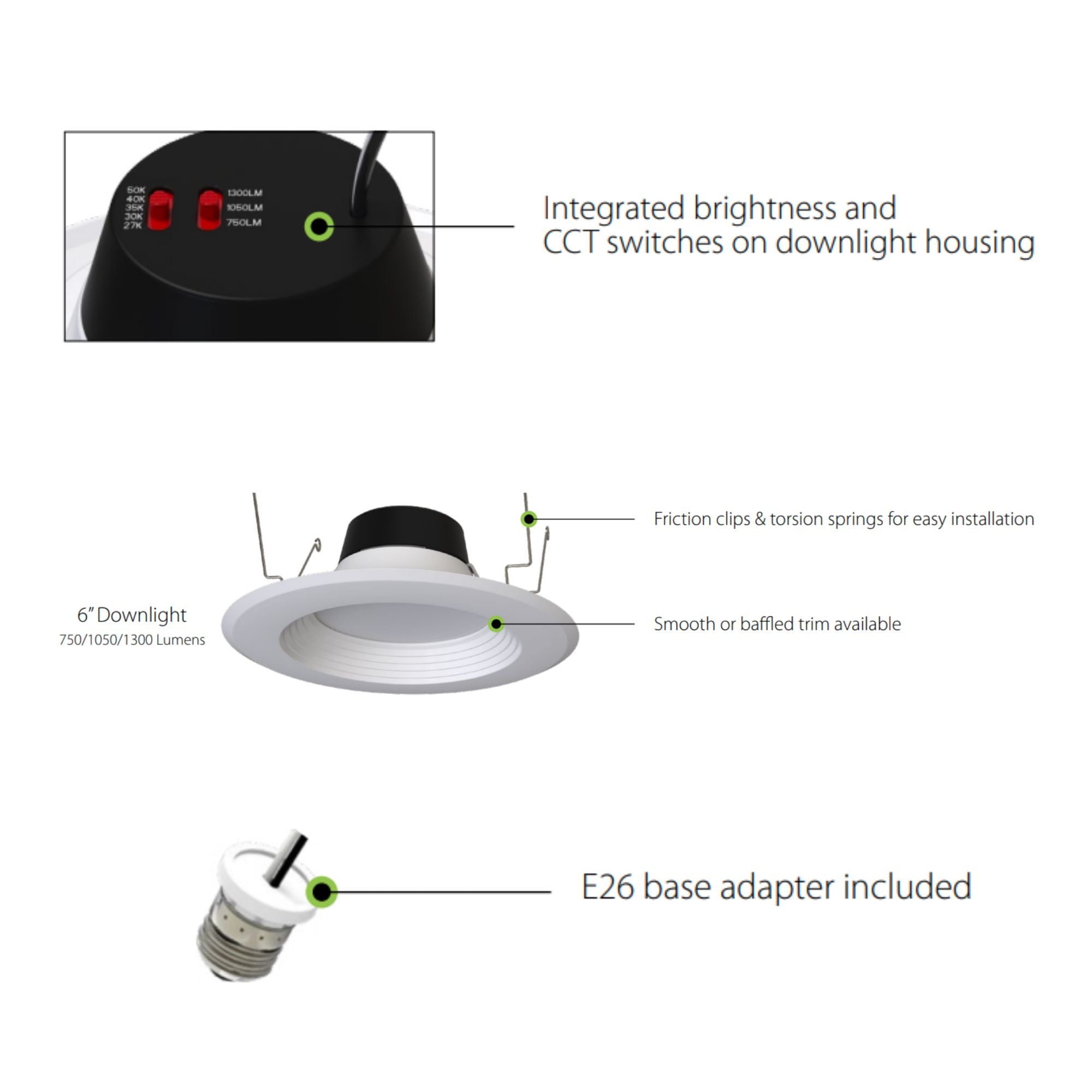 6" R34X Field-Adjustable LED Retrofit Downlight, 1400 Lm, 5-CCT, Black Smooth Trim