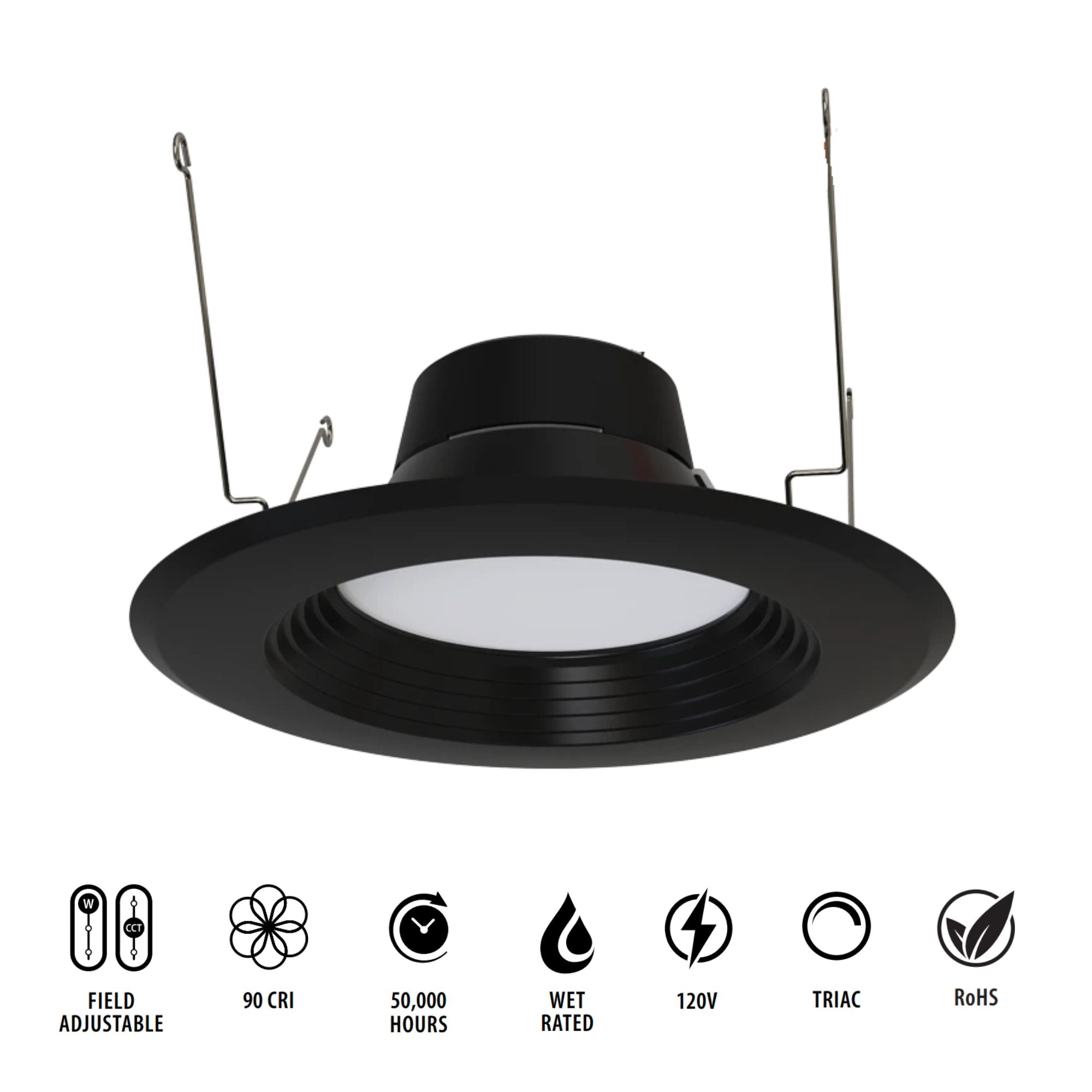 6" R34X Field-Adjustable LED Retrofit Downlight, 1400 Lm, 5-CCT, Black Baffle Trim
