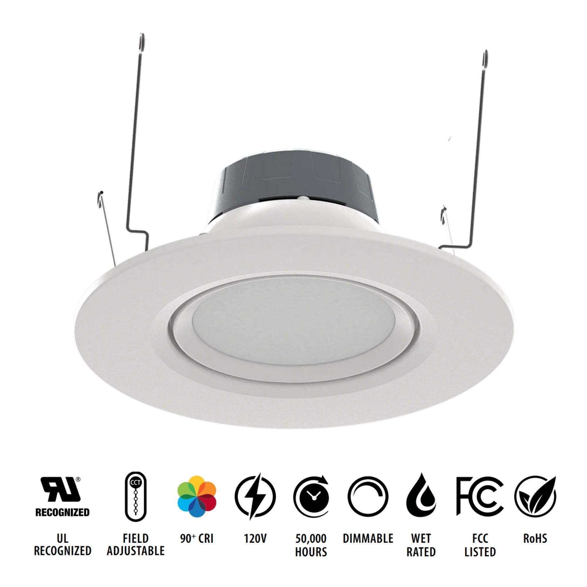 6" Gimbal Retrofit Recessed Light, 10W, 950 Lumens, 5-CCT, White Trim
