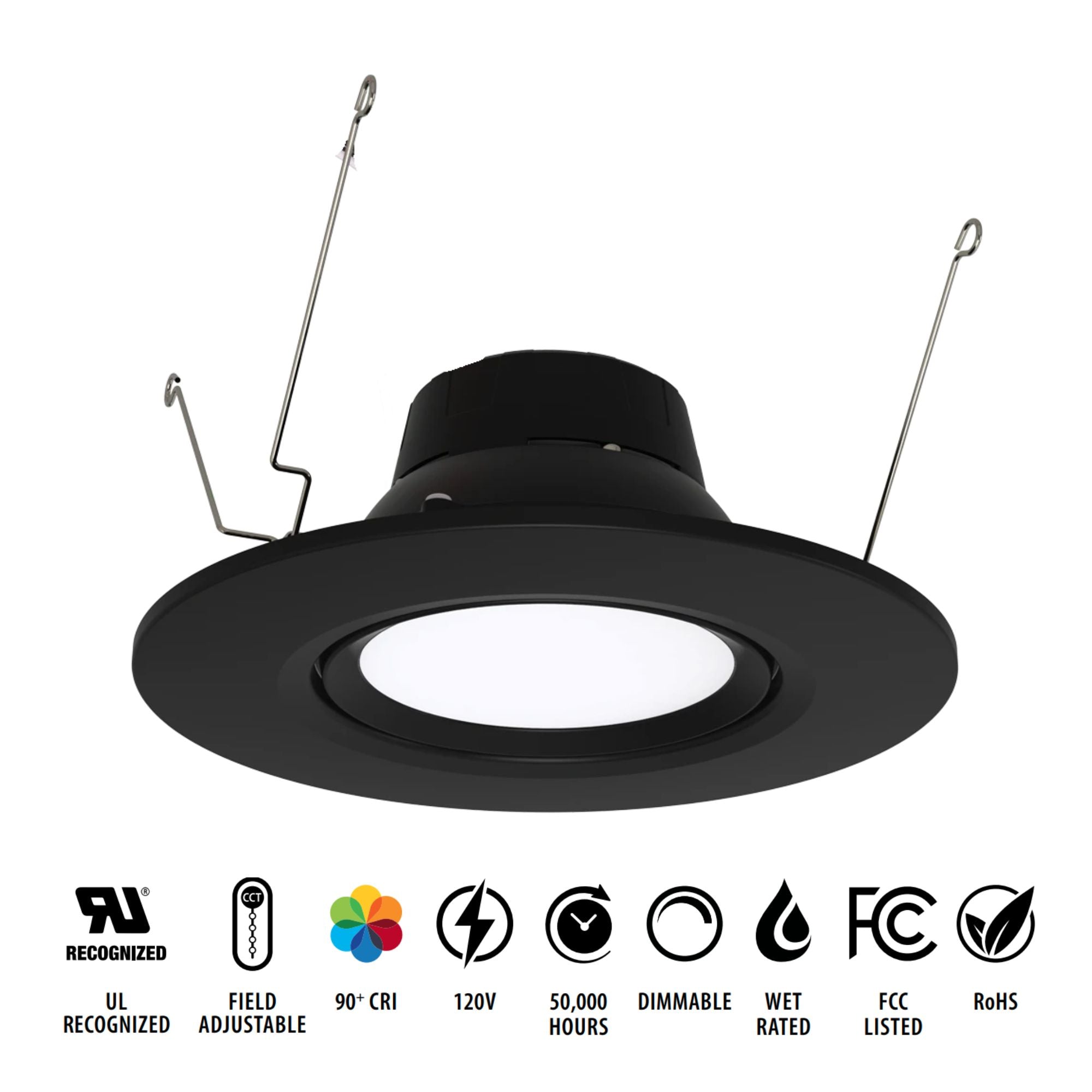 6" Gimbal Retrofit Recessed Light, 11W, 1200 Lumens, 5-CCT, Black Trim