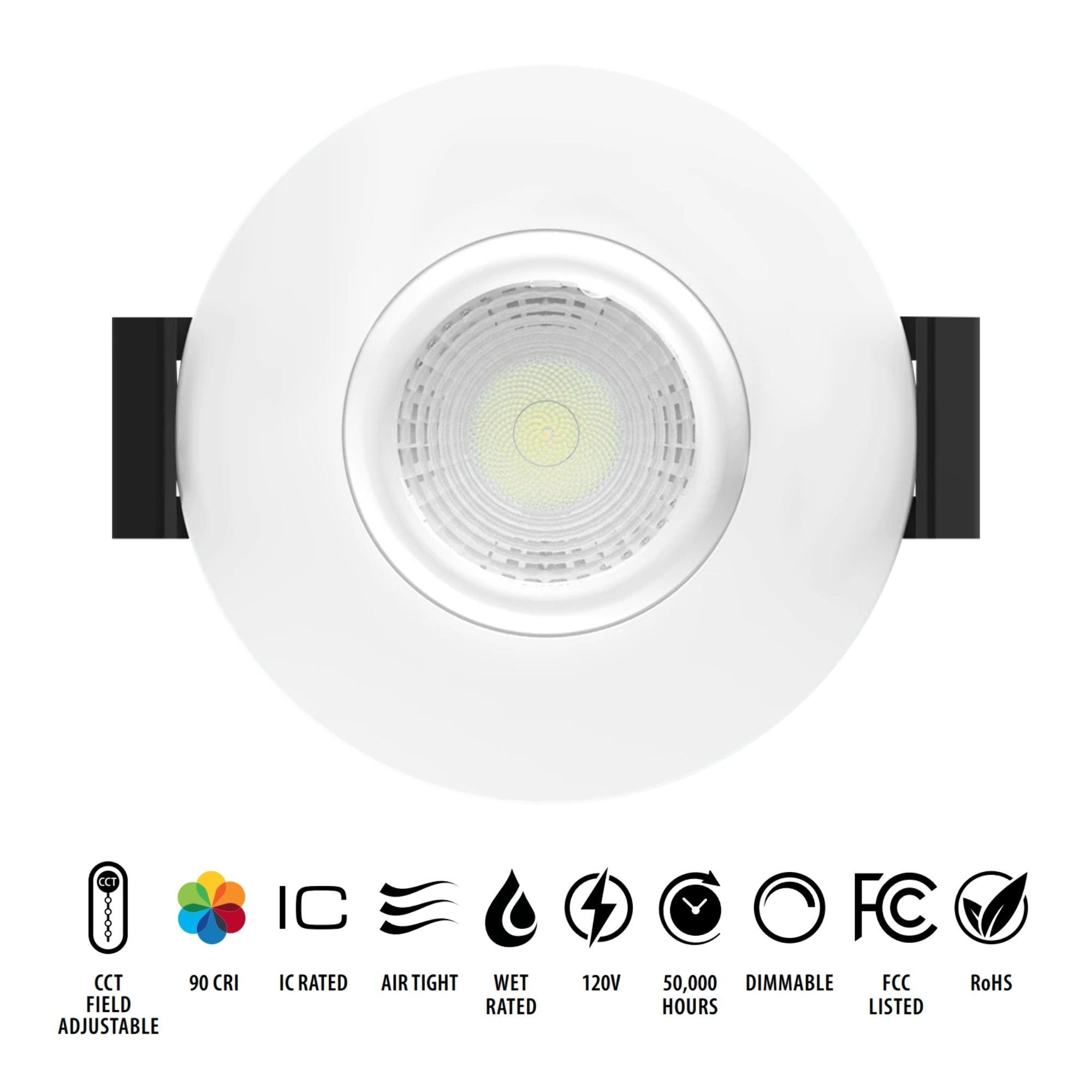 2" Canless Gimbal Downlight, 400 Lm, 5-CCT, 38° Spot, White Smooth Trim