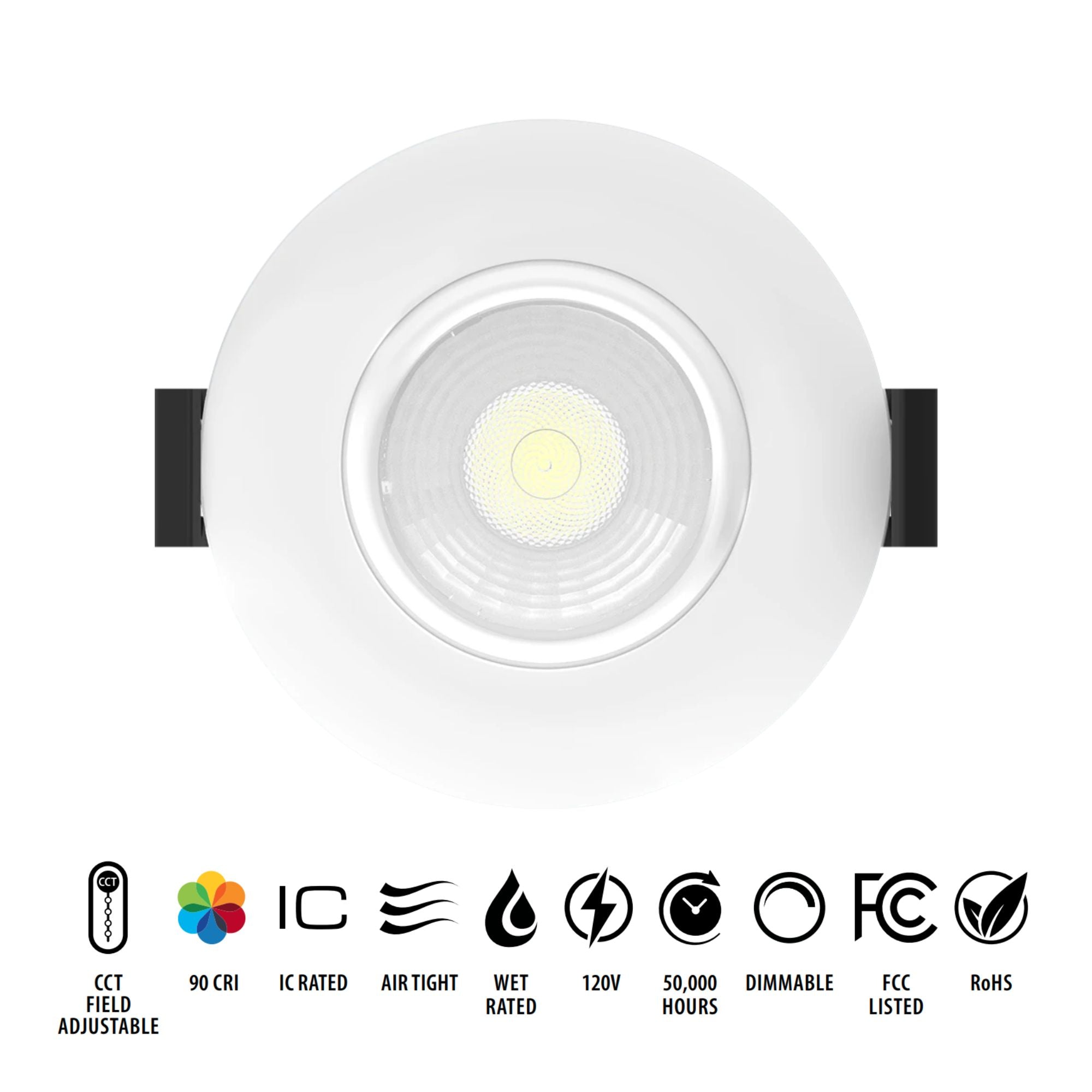 3" Canless Gimbal Downlight, 600 Lm, 5-CCT, 38° Spot, White Smooth Trim