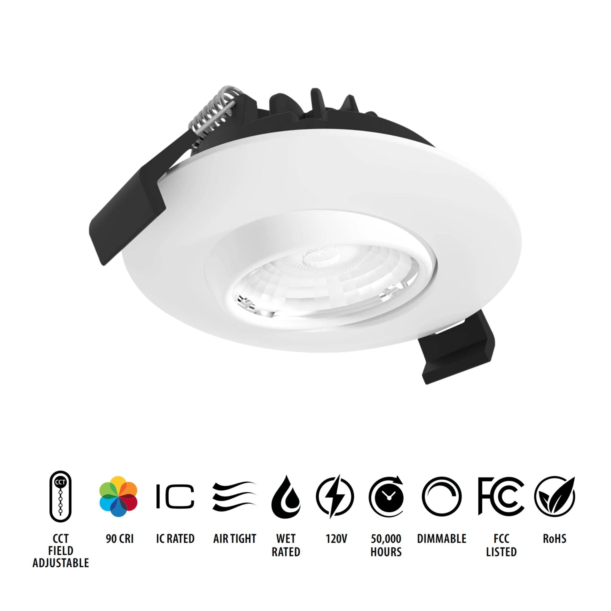 3" Canless Gimbal Downlight, 600 Lm, 5-CCT, 38° Spot, White Smooth Trim