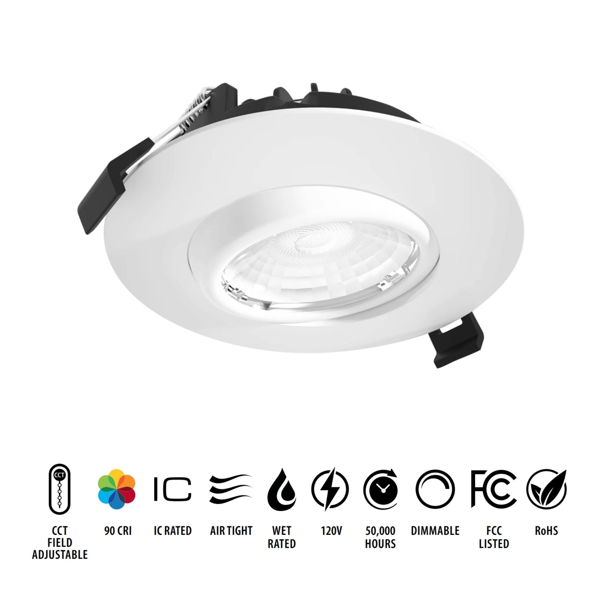 4" Canless Gimbal Downlight, 1050 Lm, 5-CCT, 38° Spot, White Smooth Trim