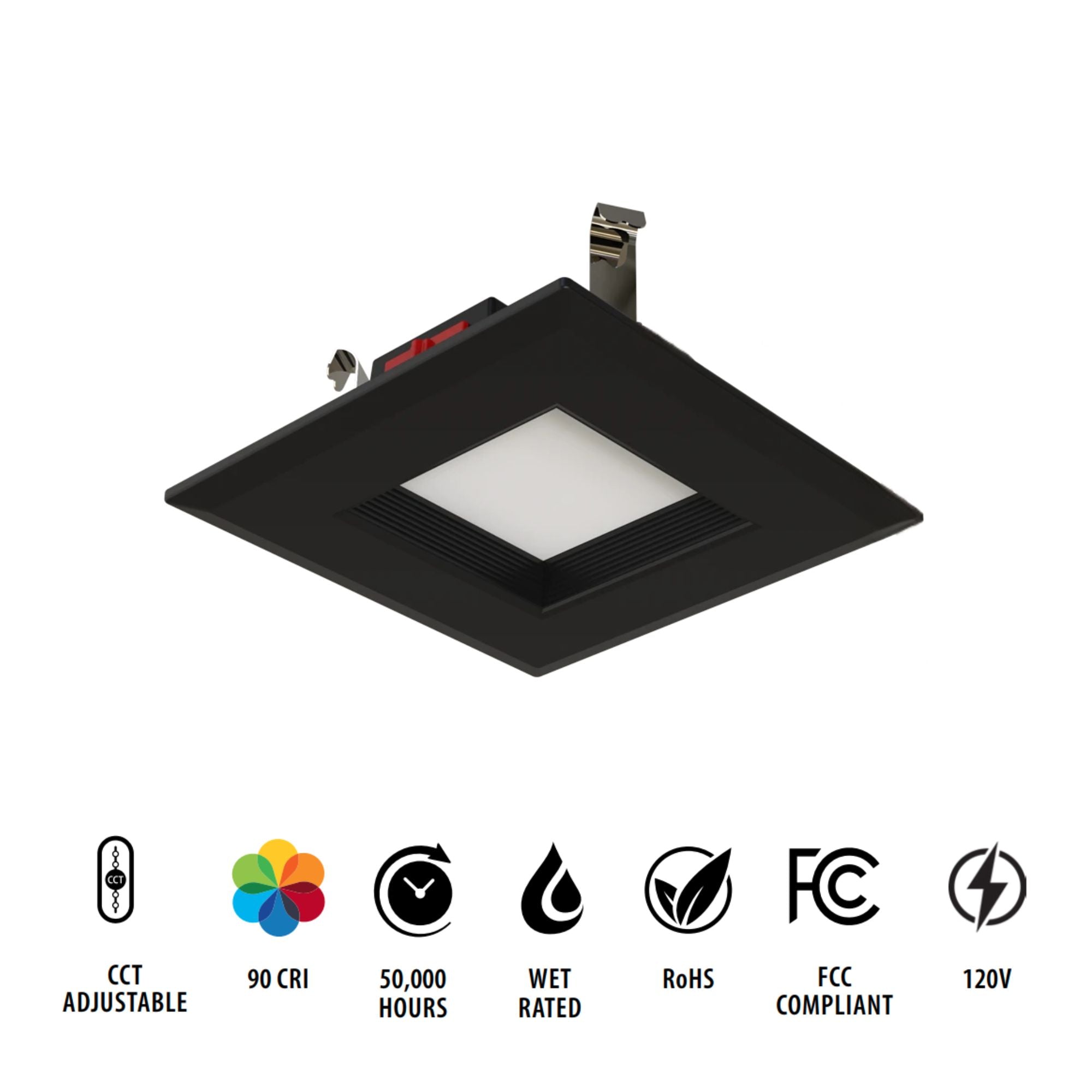 4" R34 Retrofit LED Can Light, 600 Lm, CCT-Adjustable, Black Square Baffle Trim