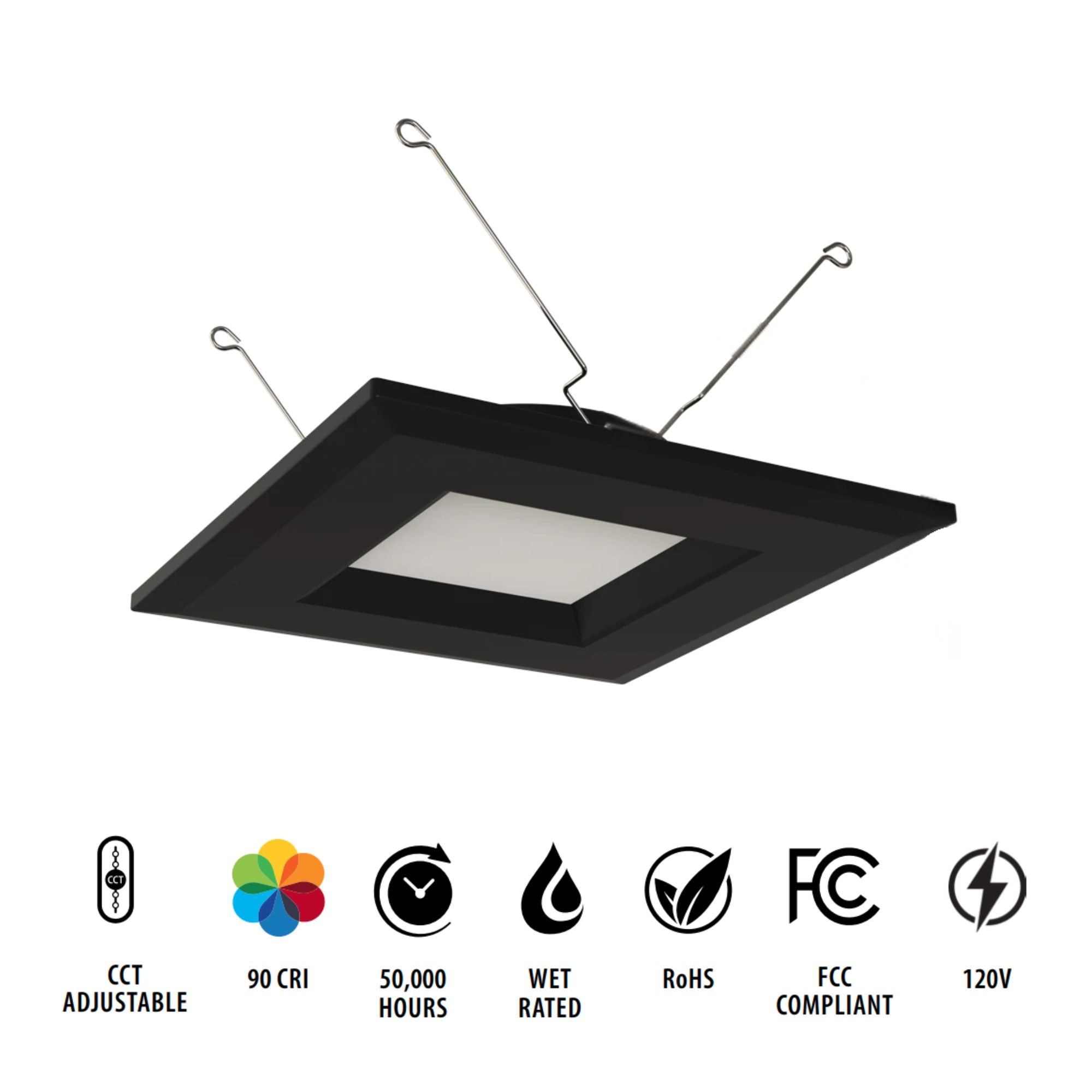 6" R34 Retrofit LED Can Light, 900 Lm, CCT-Adjustable, Black Square Smooth Trim