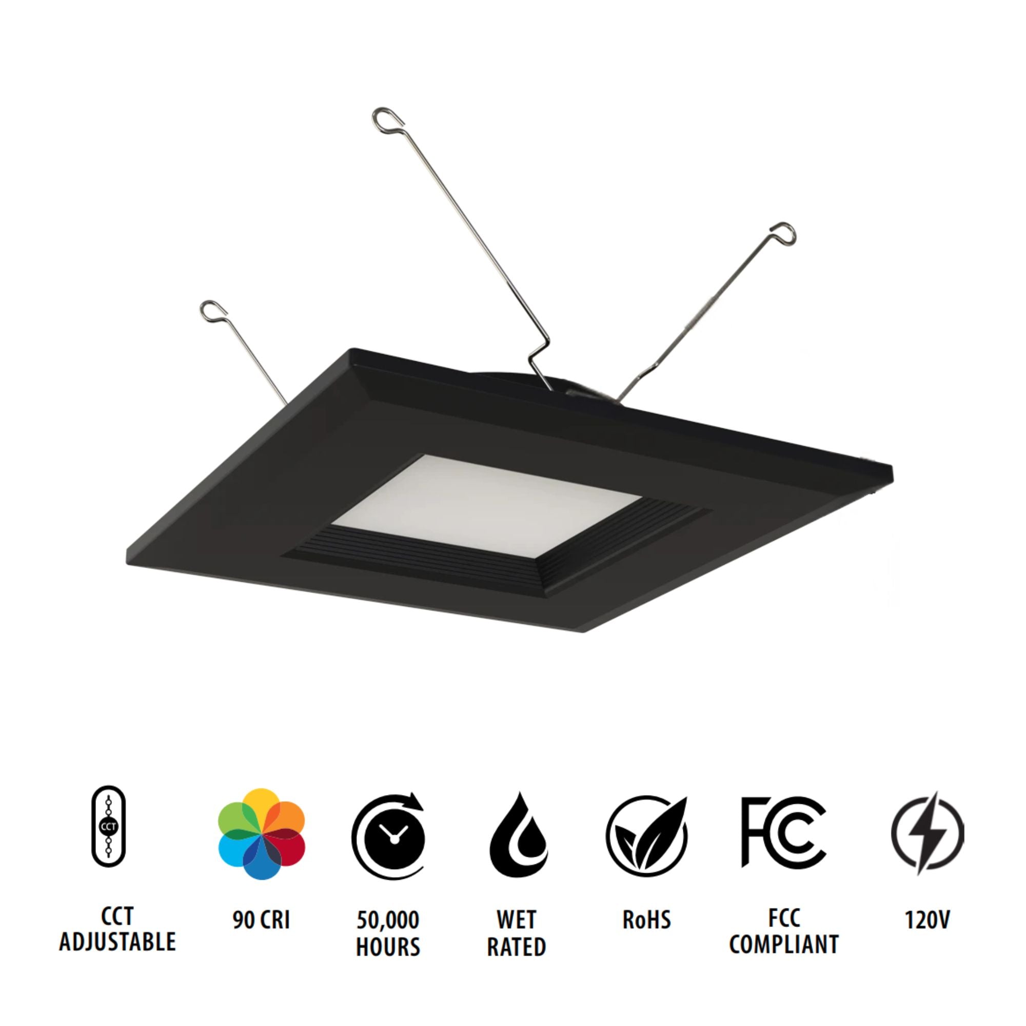 6" R34 Retrofit LED Can Light, 900 Lm, CCT-Adjustable, Black Square Baffle Trim