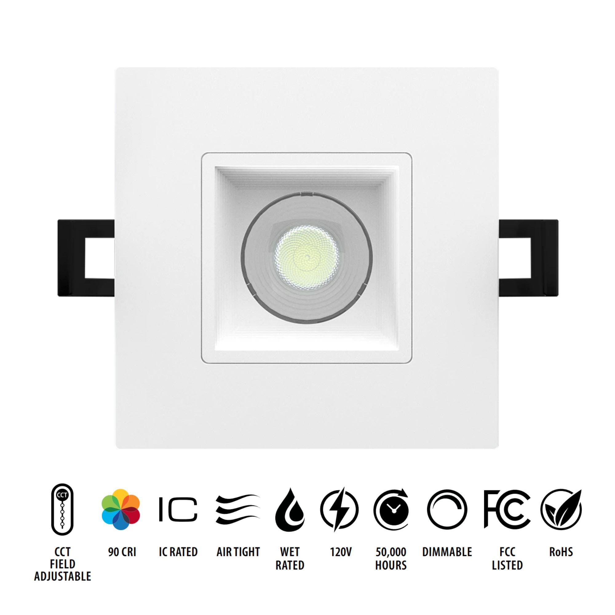 3" Canless LED Recessed Light, 650 Lumens, 5-CCT, Square Baffle Trim
