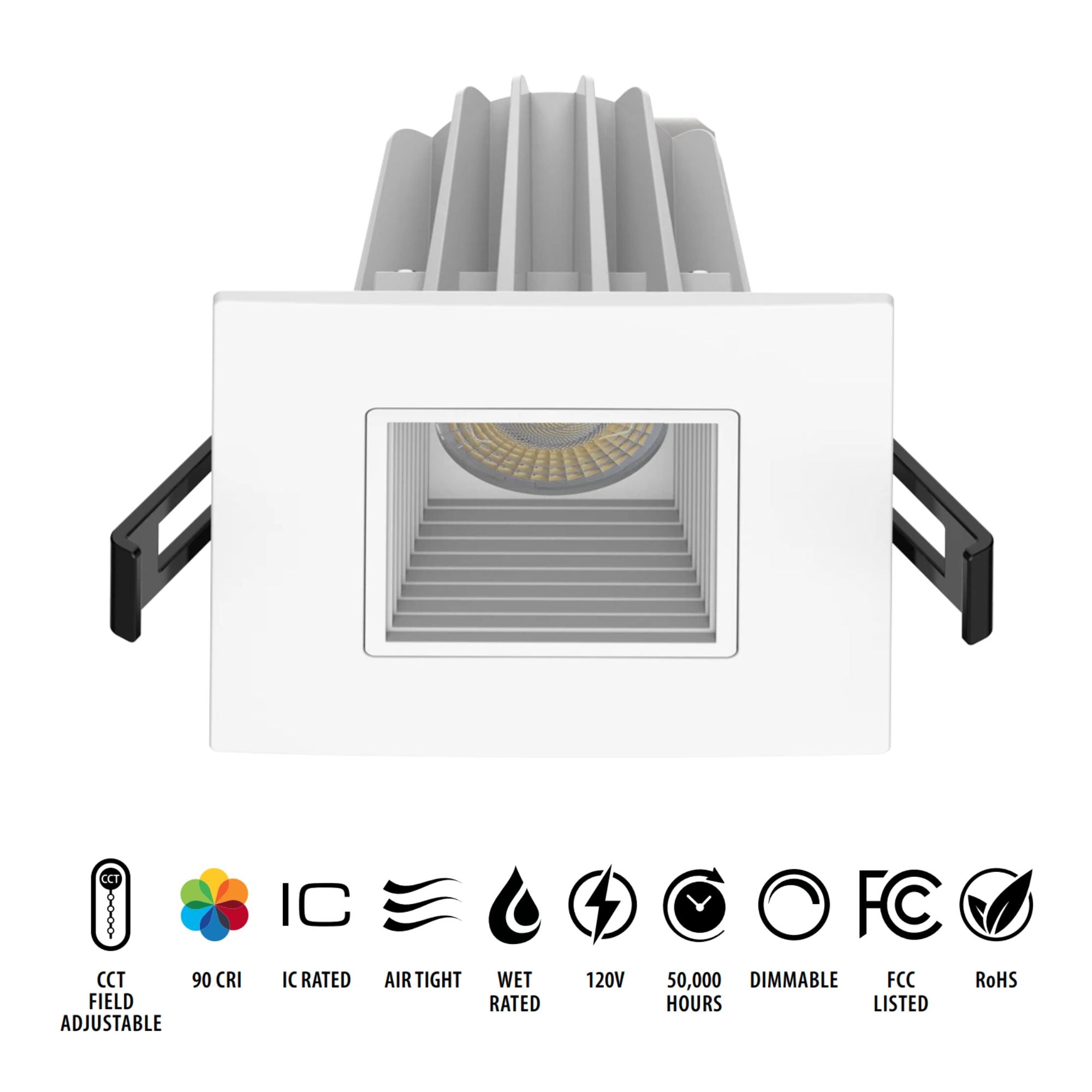 3" Canless LED Recessed Light, 650 Lumens, 5-CCT, Square Baffle Trim