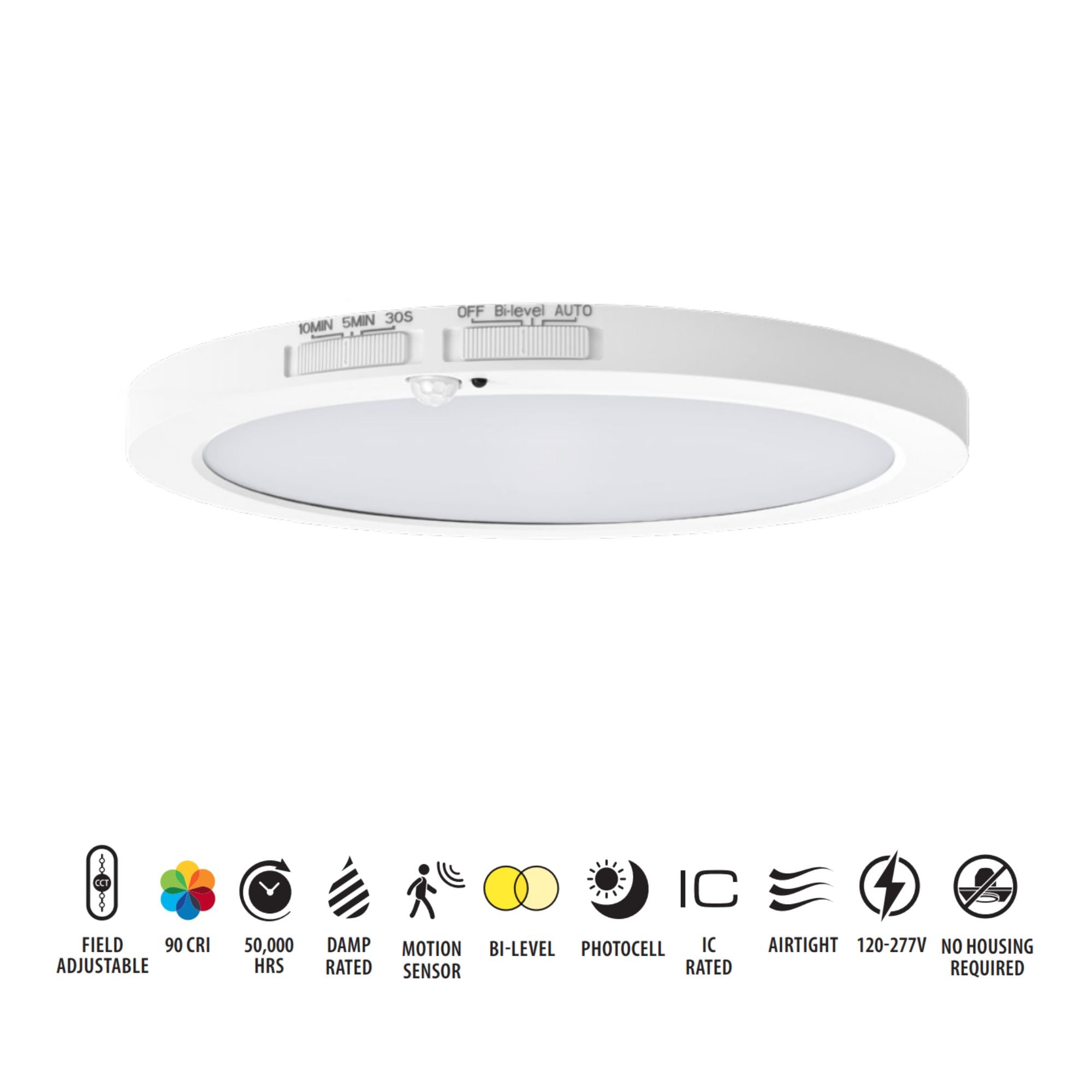 RAB SUMO-R-7/PIR 7" LED Surface Mount, 14W, 1150lm, Selectable CCT, 120V, White, Motion Sensor