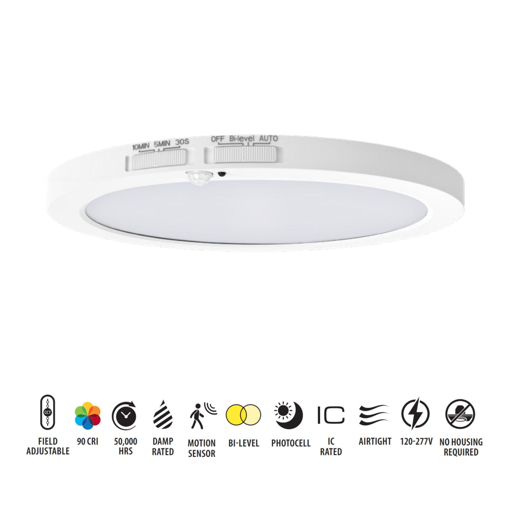 RAB SUMO-R-9/PIR 9" LED Surface Mount, 18W, 1500lm, Selectable CCT, 120V, White, Motion Sensor