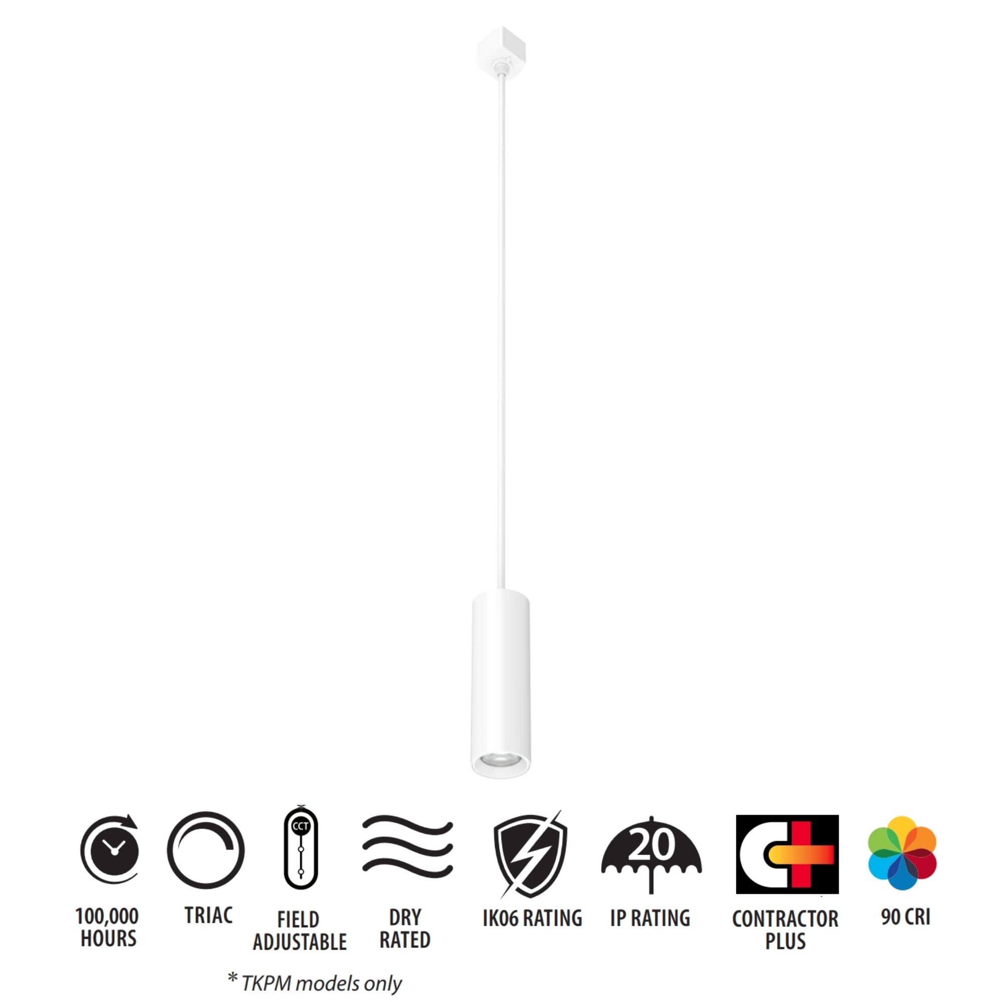 TKP Medium Track Pendant Light, 8W, 725 Lumens, 30K|40K|50K, Halo, 36°, White