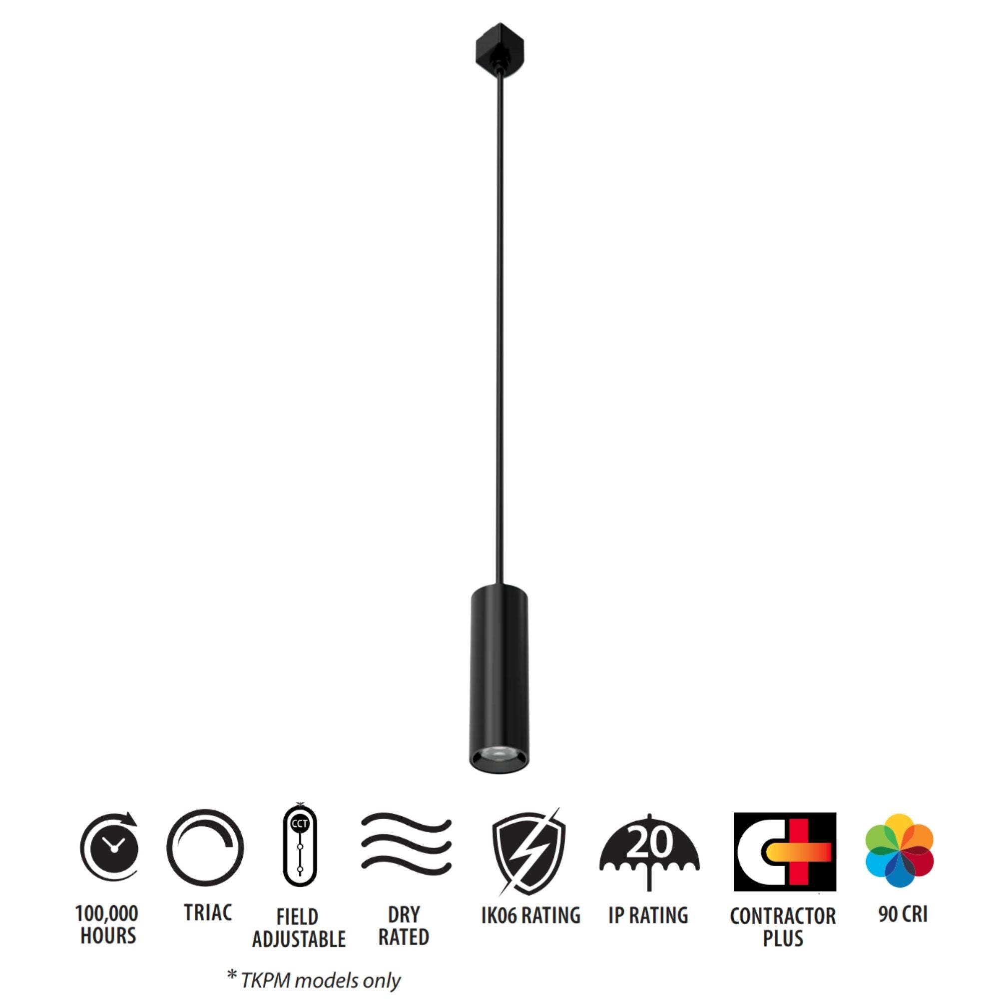 TKP Medium Track Pendant Light, 8W, 725 Lumens, 30K|40K|50K, Halo, 36°, Black