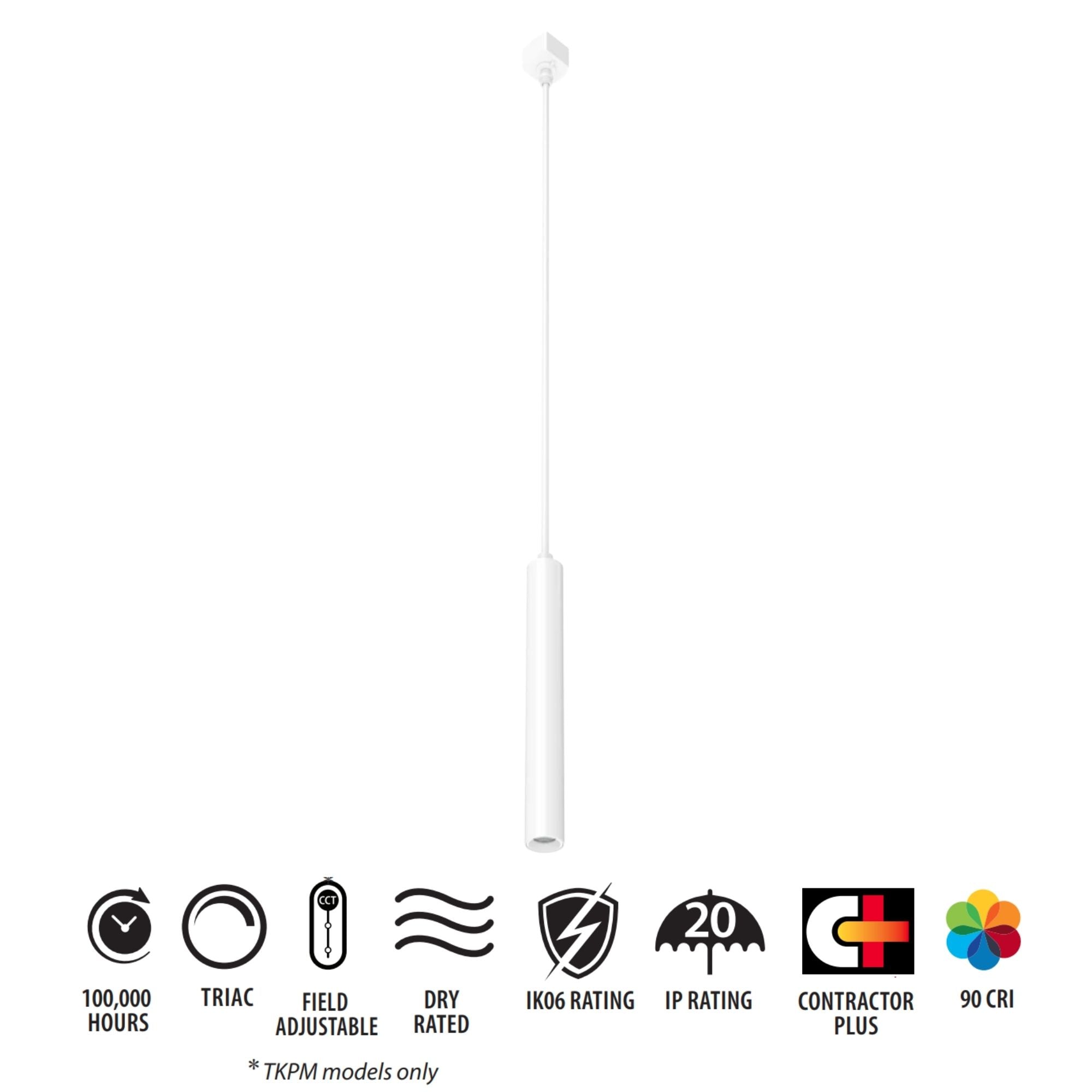 TKP Small Track Pendant Light, 8W, 525 Lumens, 3000K, Halo, 36°, White