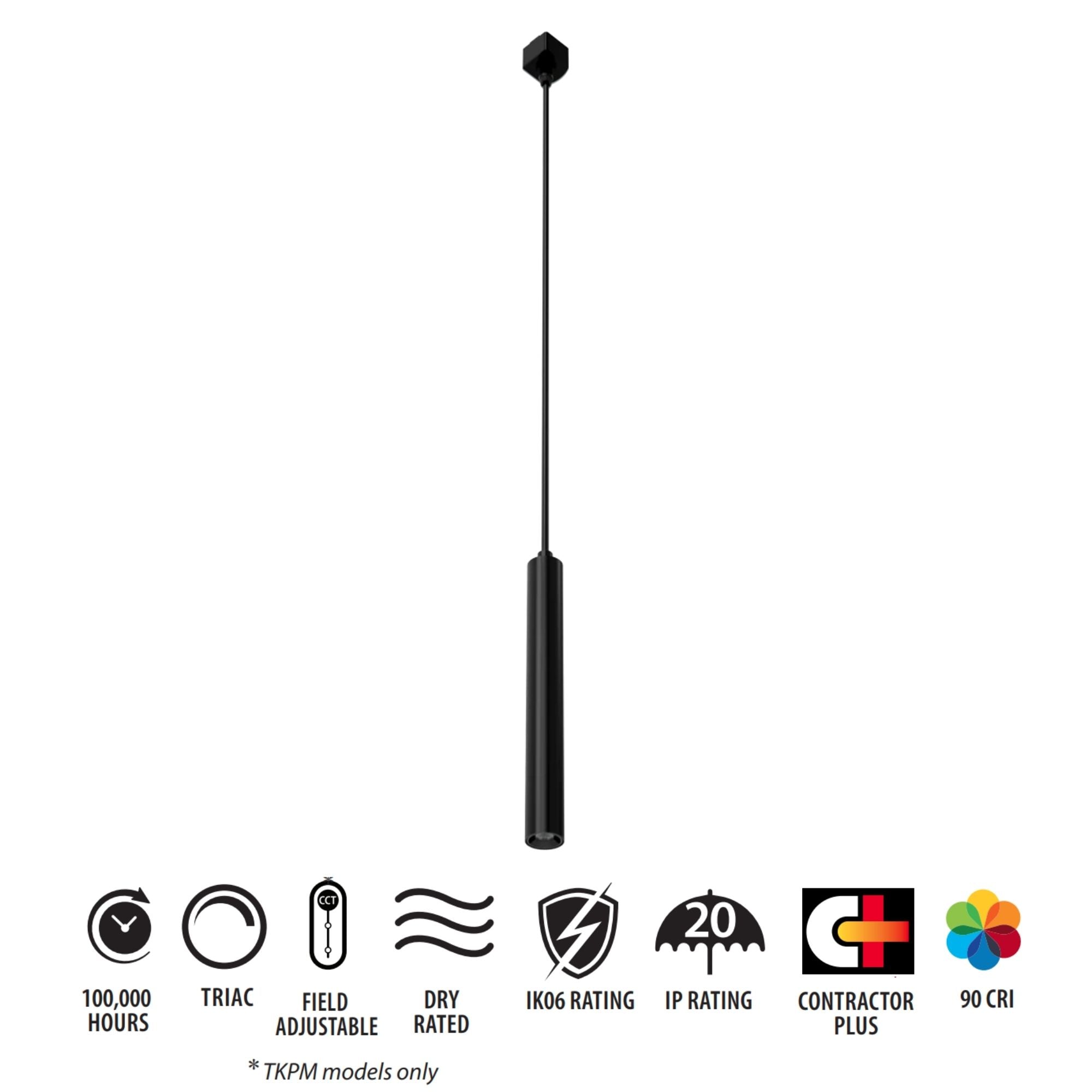TKP Small Track Pendant Light, 8W, 525 Lumens, 3000K, Halo, 36°, Black