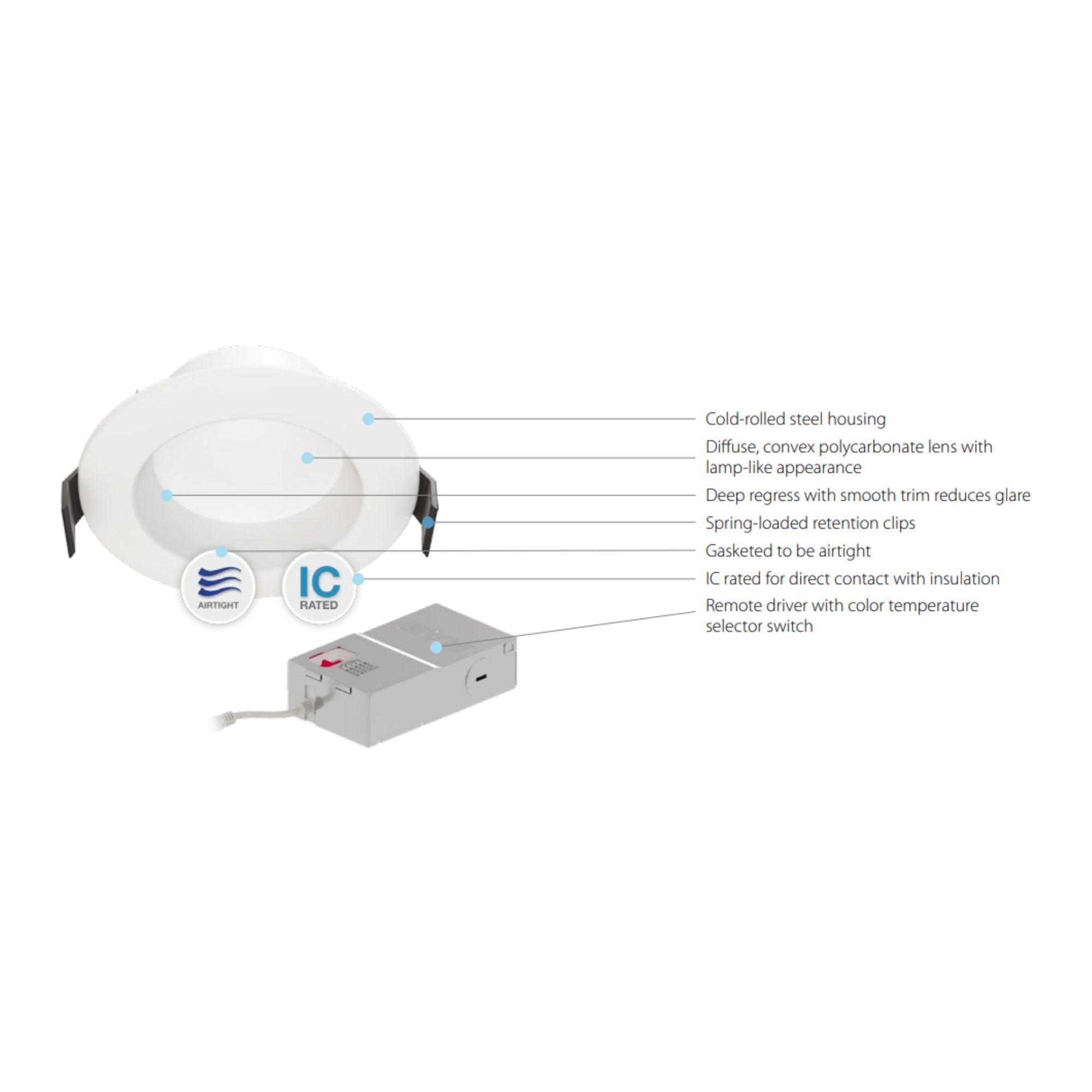 4" Wafer Recessed LED Downlight, 1200 Lm, 5-CCT, Deep Regress Smooth Trim